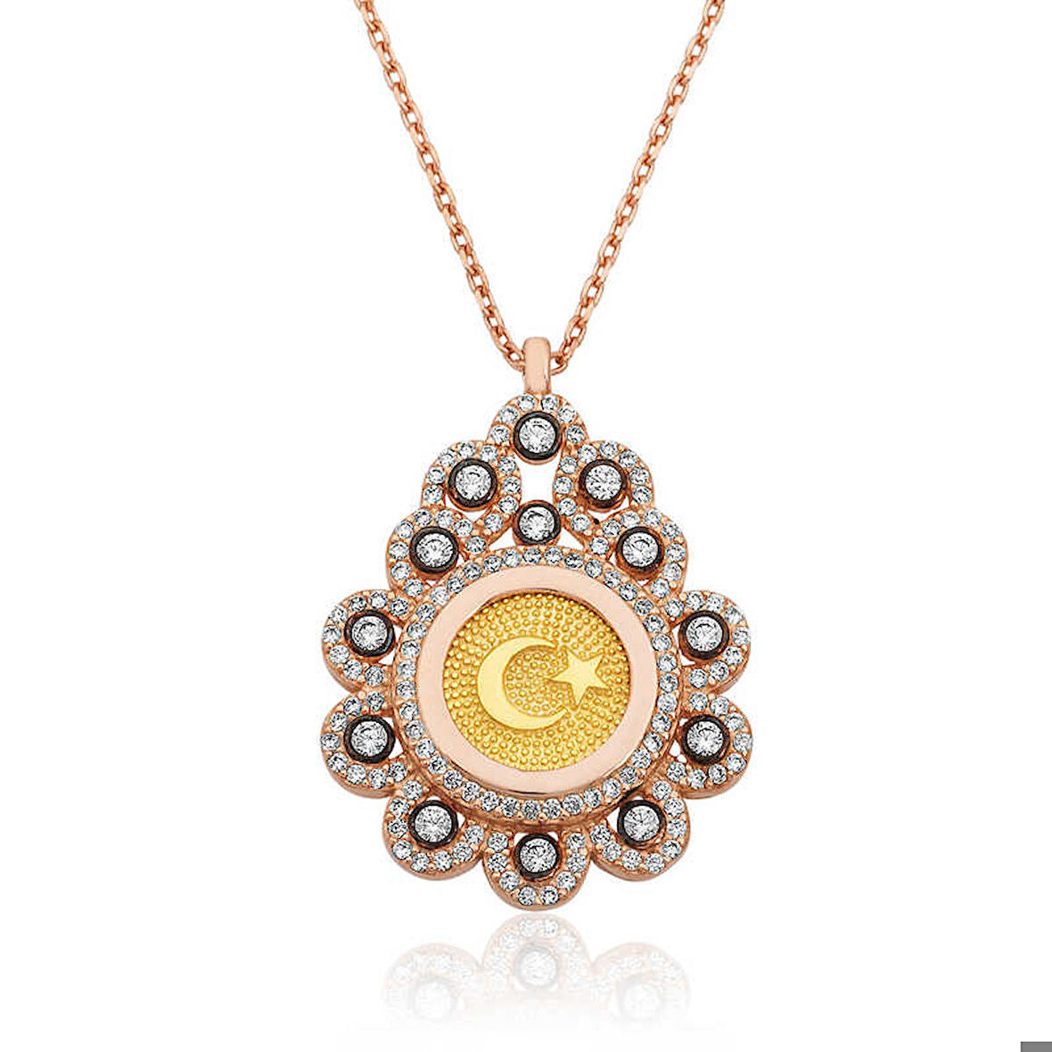 Ebuz Gümüş Rose Damla Çerçeveli Ay Yıldız Kadın Kolye