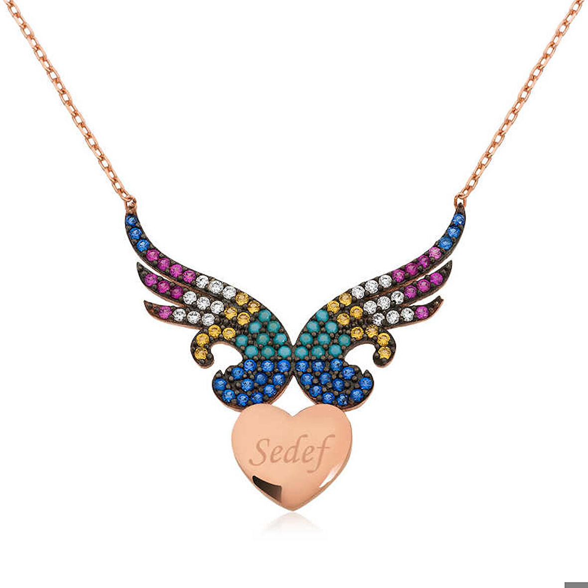 Ebuz Gümüş Kişiye Özel İsimli Kanatlı Kalp Kadın Kolye