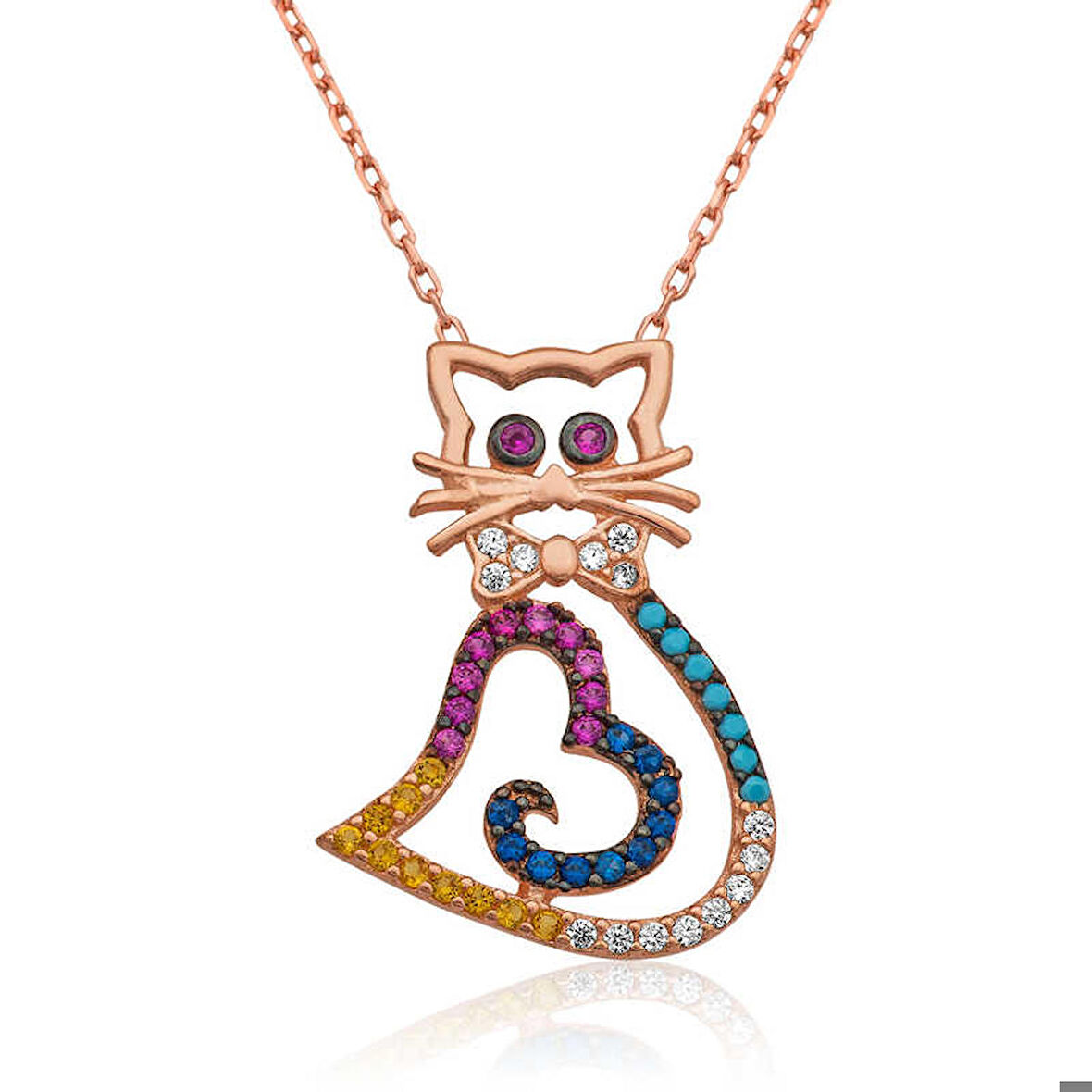 Ebuz Gümüş Kalpli Kedi Kolye