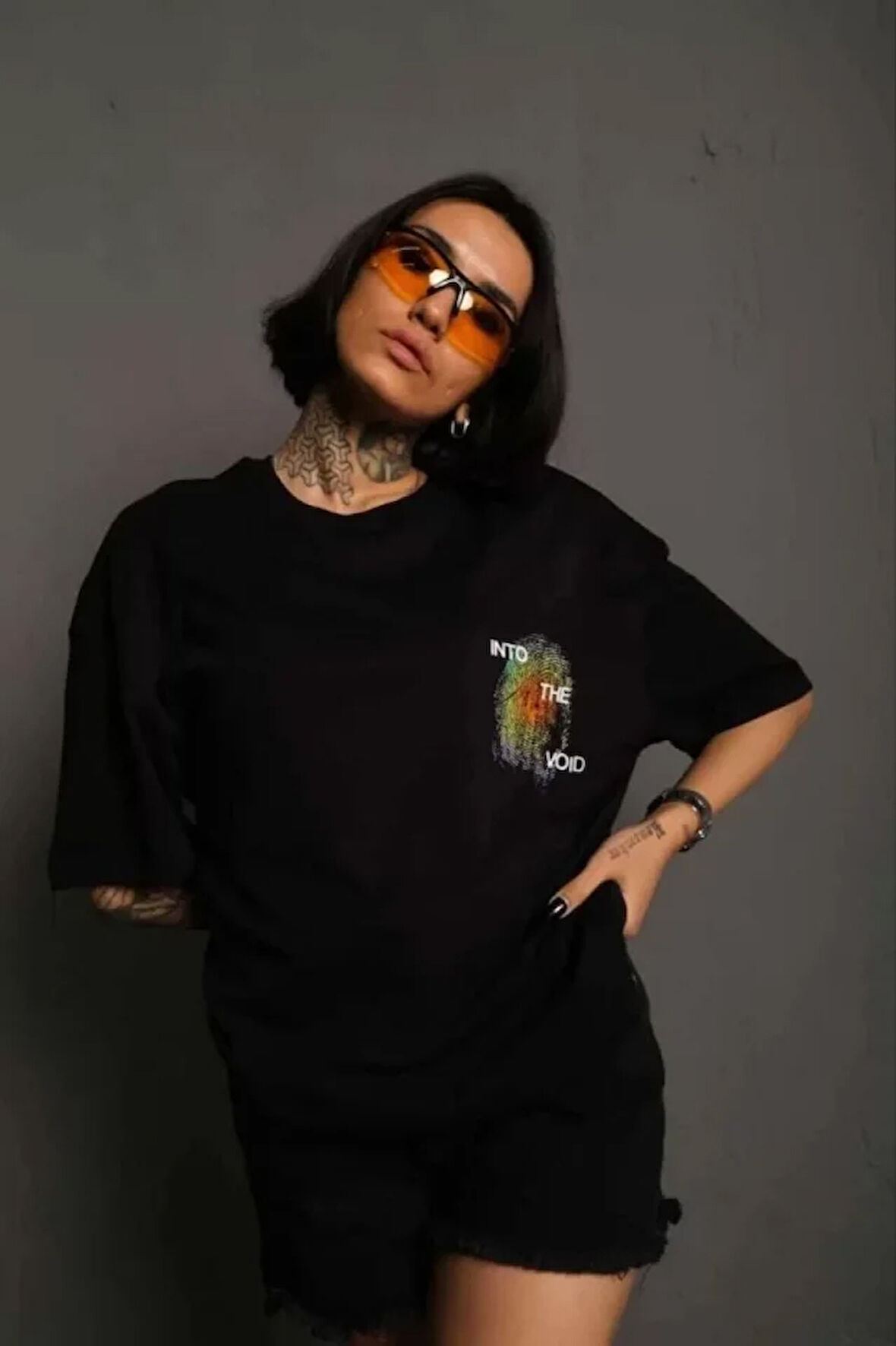 Ebedi Unisex Bisiklet Yaka Baskılı Oversize T-Shirt - Siyah