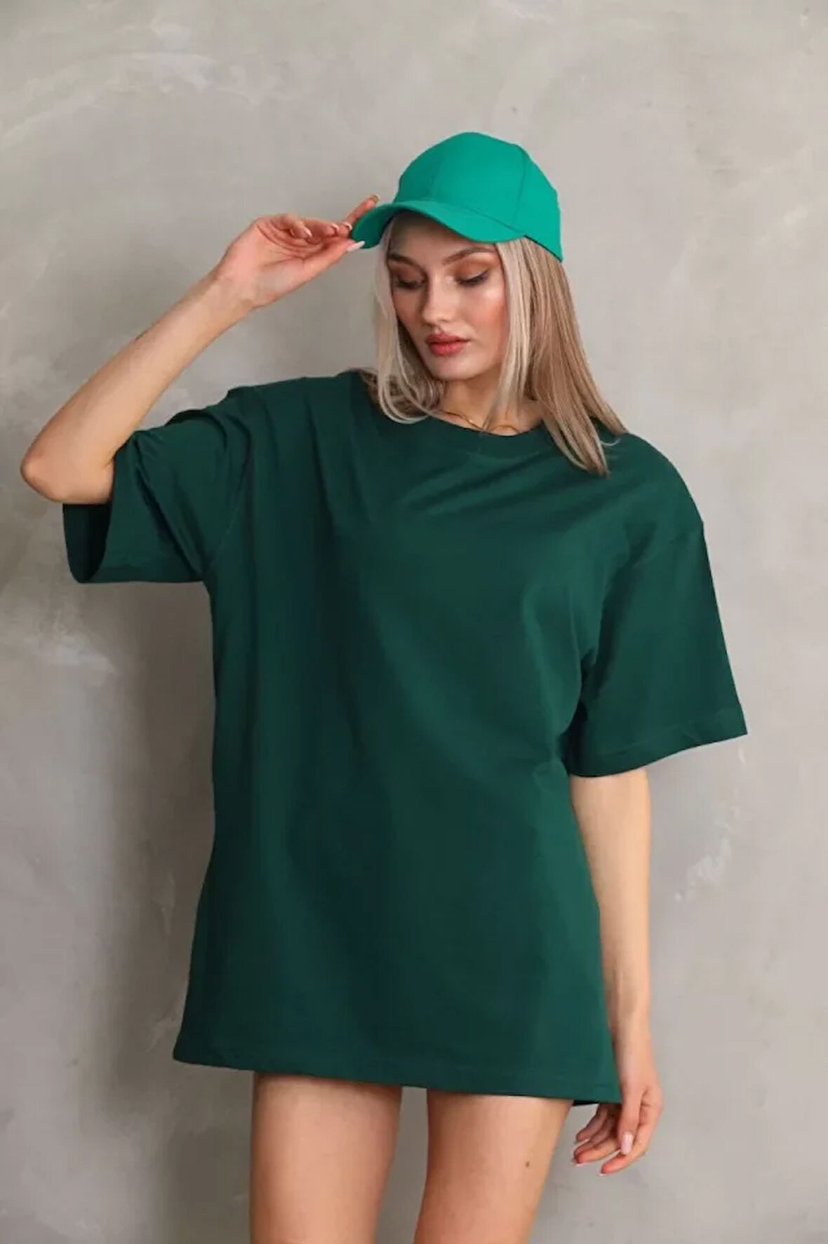 Ebedi Unisex Bisiklet Yaka 20/1 Düz Oversize T-Shirt - Yeşil