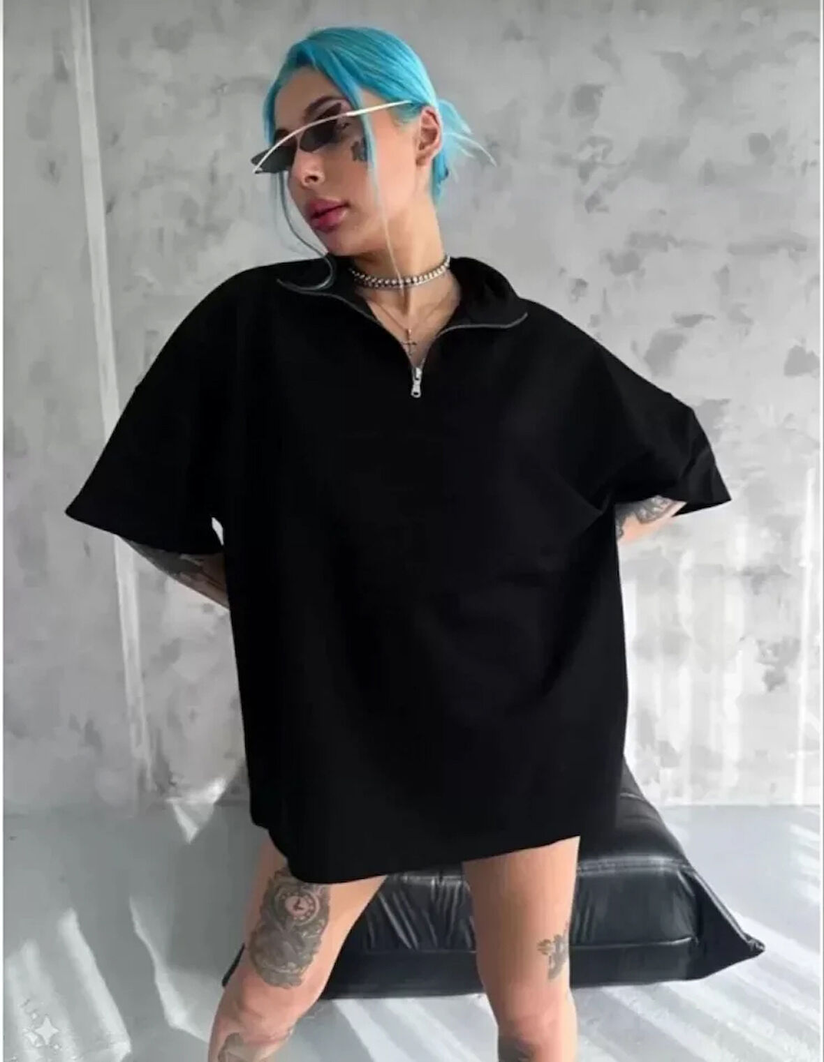 Ebedi Unisex Yarım Fermuarlı Düz Oversize T-Shirt - Siyah