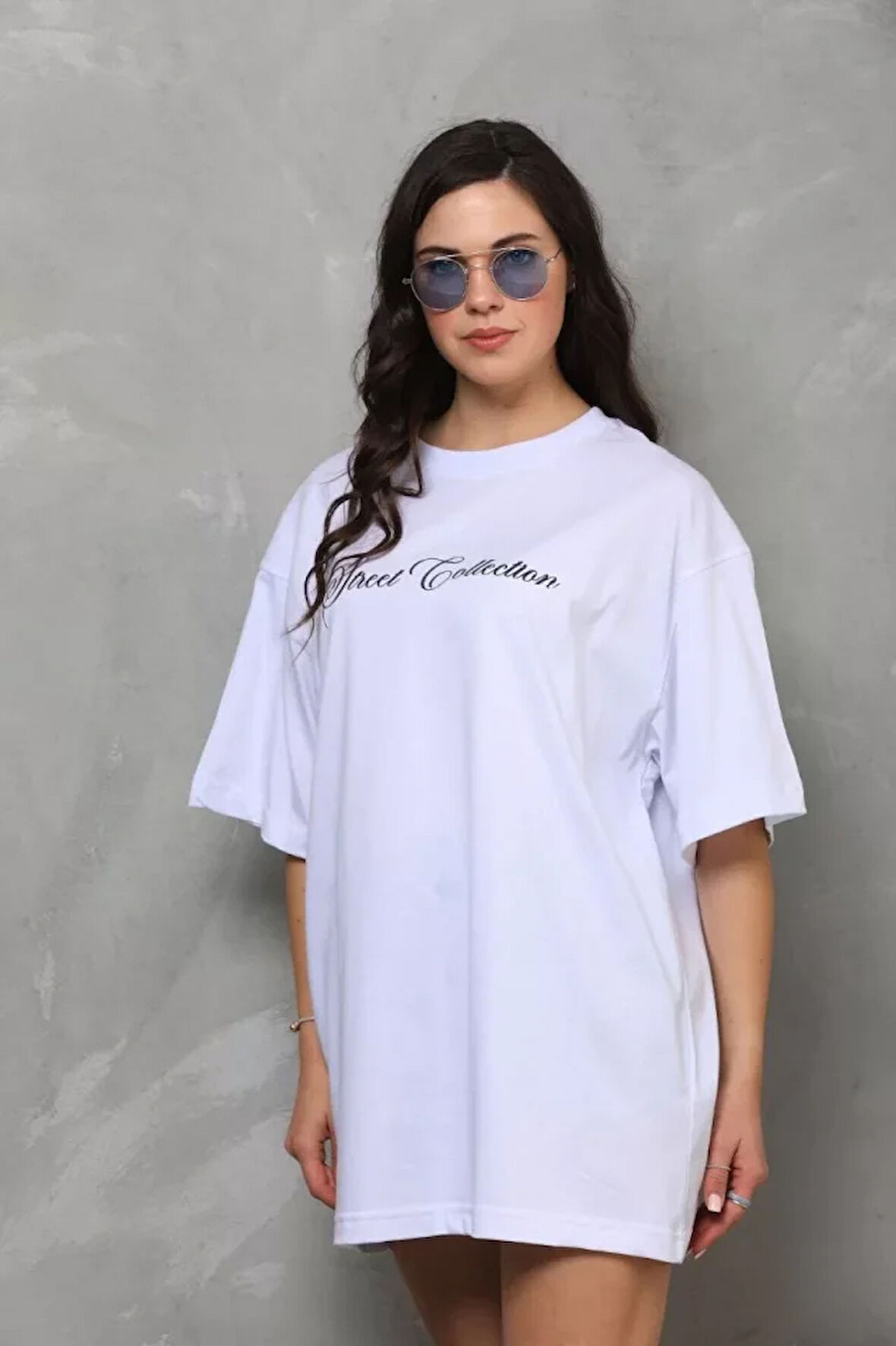 Ebedi Unisex Bisiklet Yaka Baskılı Oversize T-Shirt - Beyaz