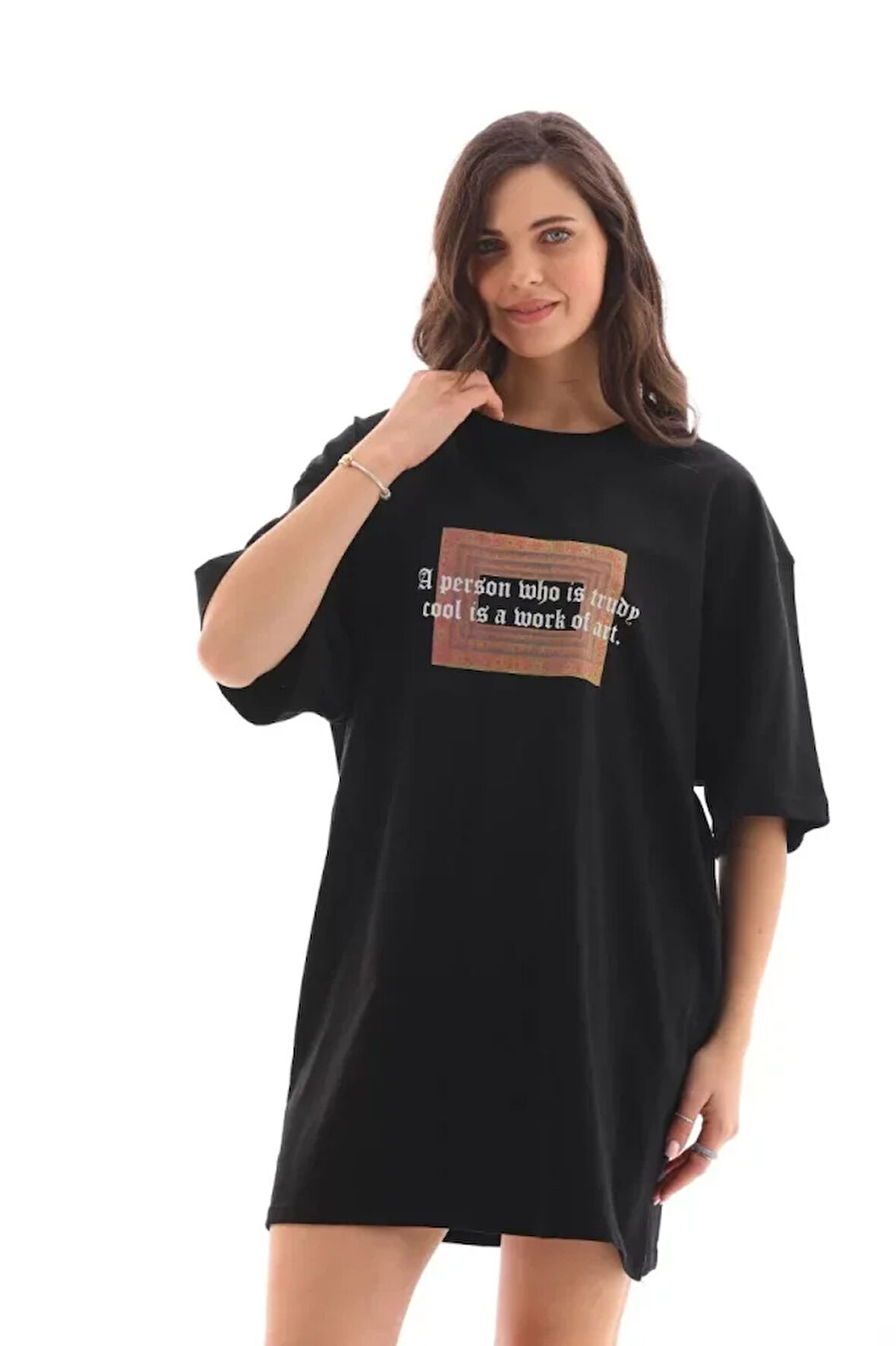 Ebedi Unisex Bisiklet Yaka Baskılı Oversize T-Shirt - Siyah