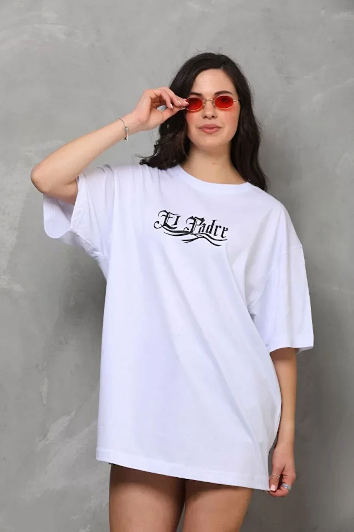 Ebedi Unisex Bisiklet Yaka Baskılı Oversize T-Shirt - Beyaz