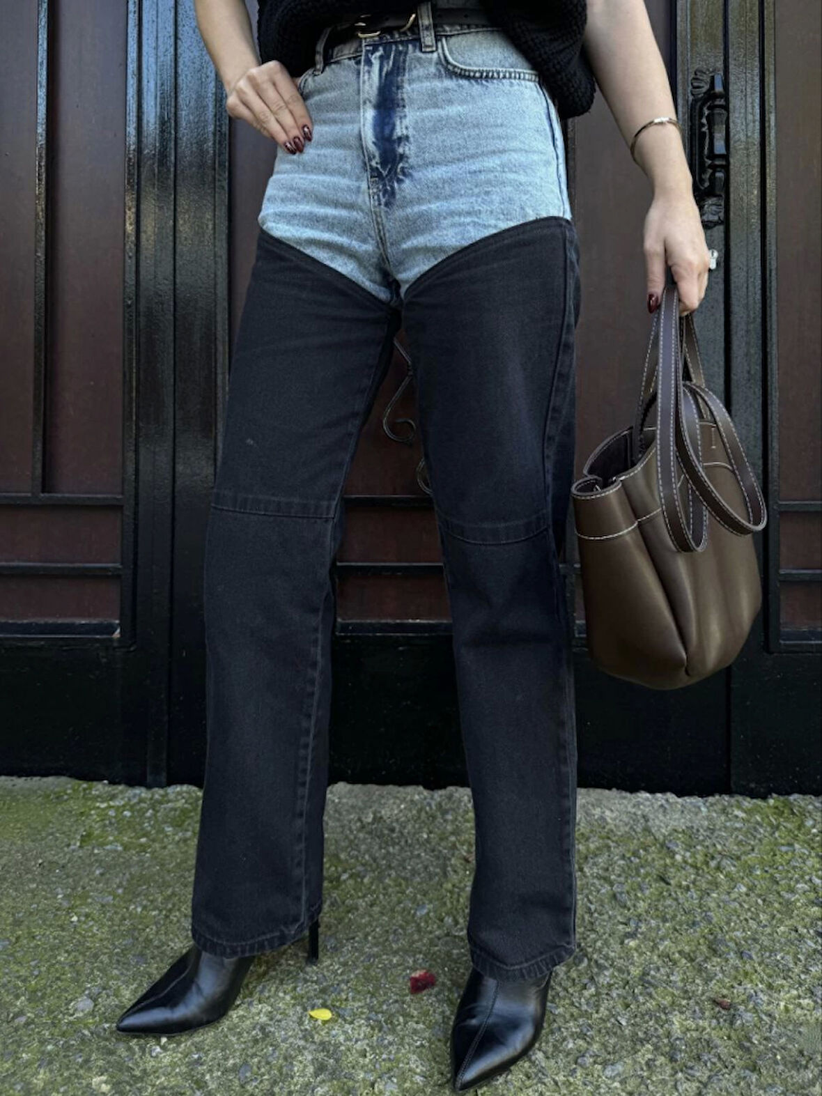 Ebedi Jeans Kot Parçalı Palazzo Pantolon - Siyah