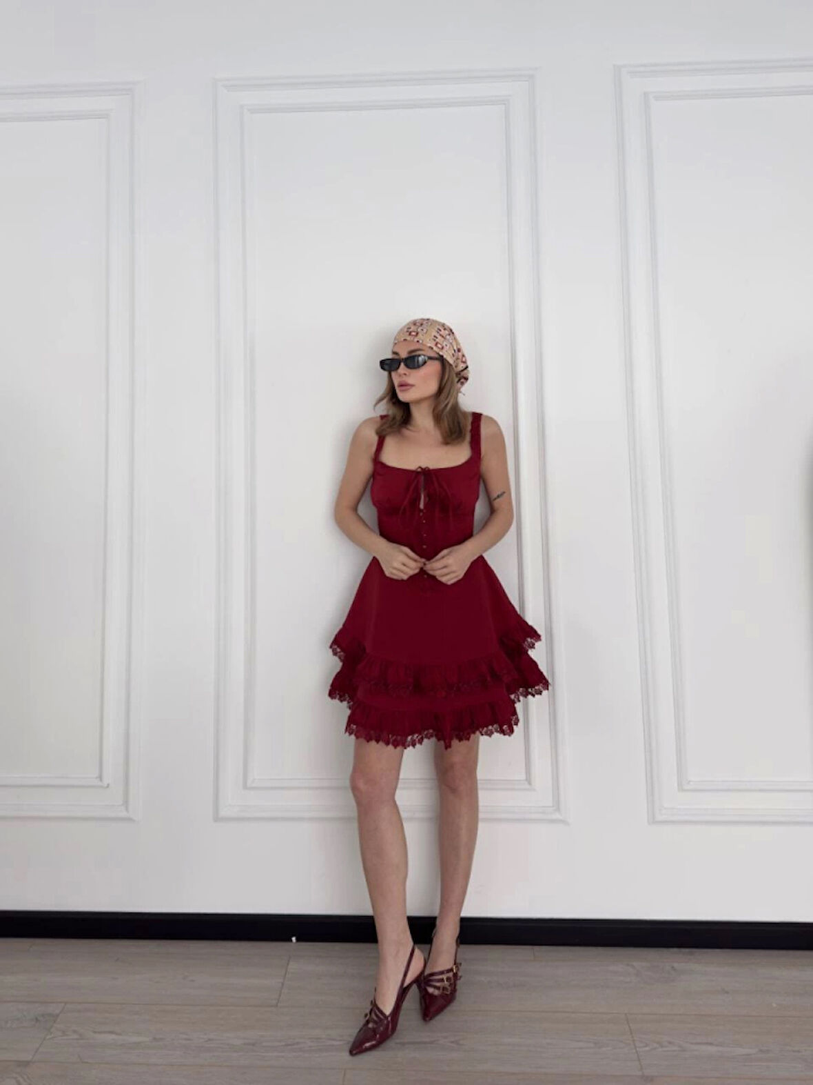 Ebedi Mini Askılı Elbise - Bordo
