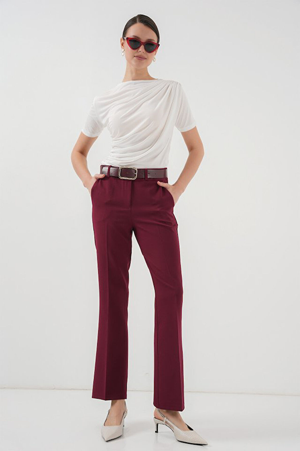 Ebedi 6538 Kemerli İspanyol Paça Pantolon - Bordo