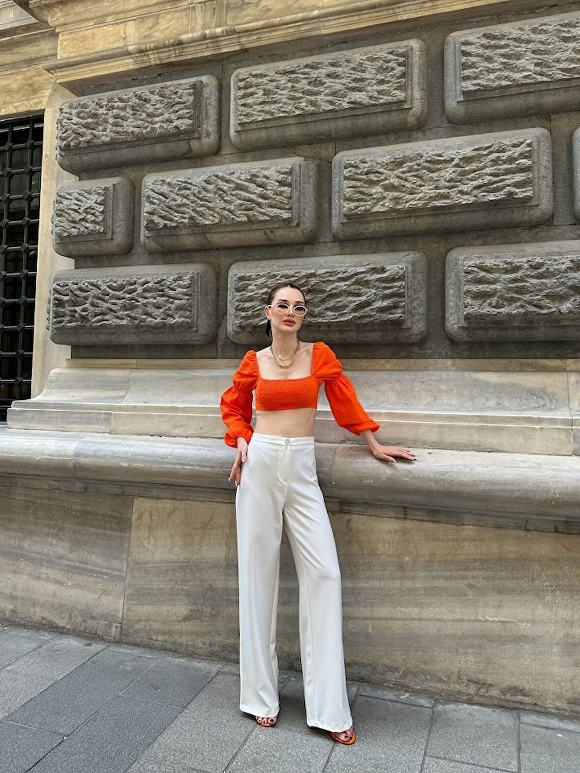 Ebedi Yüksek Bel Palazzo Metal Düğme  Pantolon