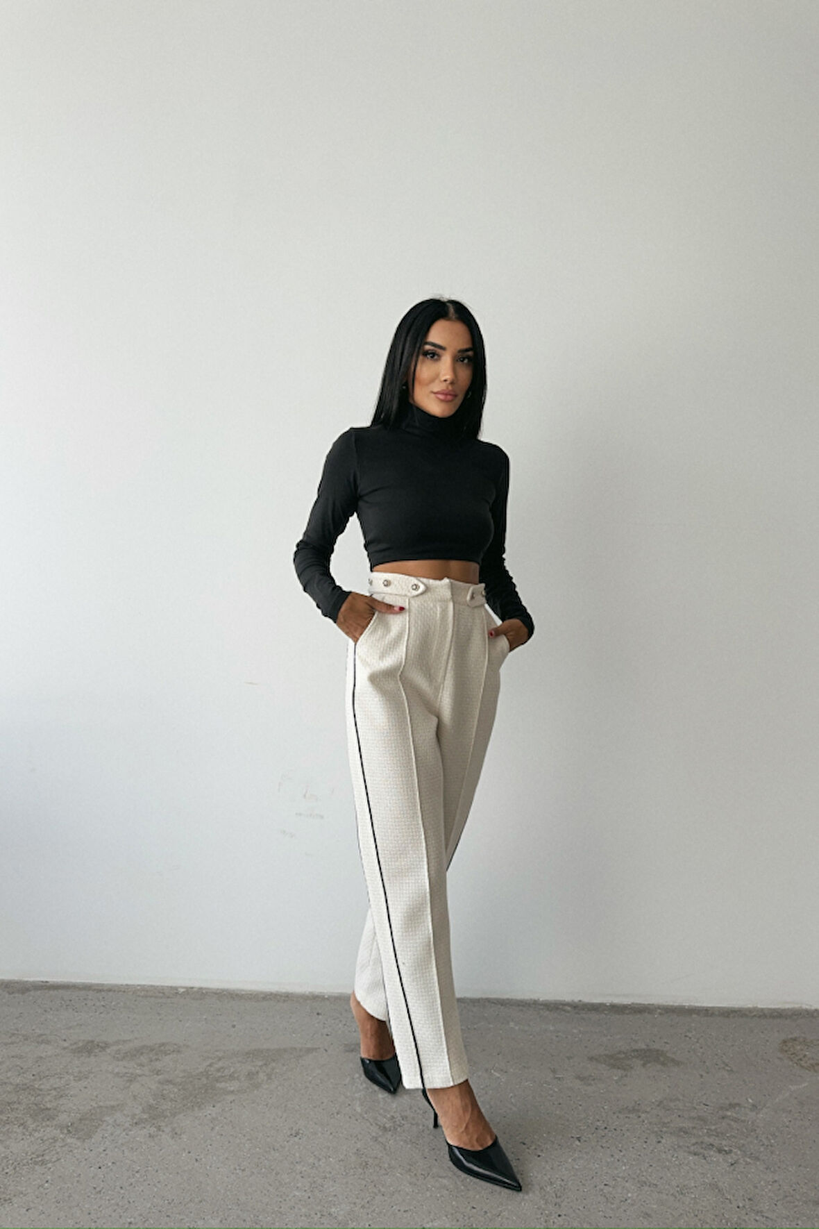 Ebedi CHANEL PANTOLON YAN BİYELİ - Beyaz
