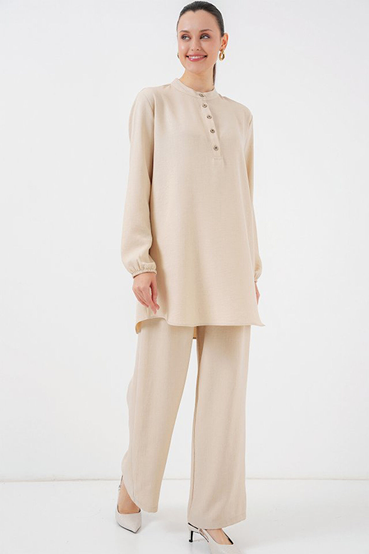 Ebedi 6678 Keten Tunik Pantolon İkili Takım - Bej