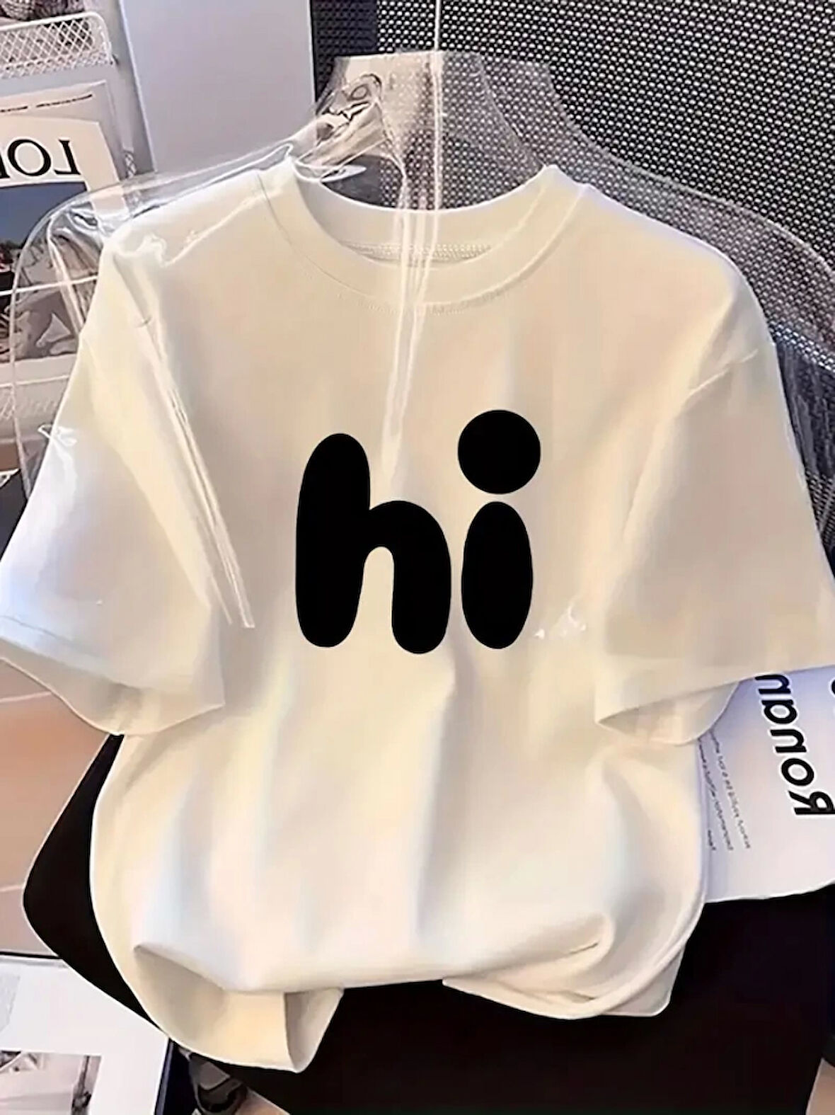 Ebedi Baskılı Oversize Bisiklet Yaka T-shirt - Beyaz