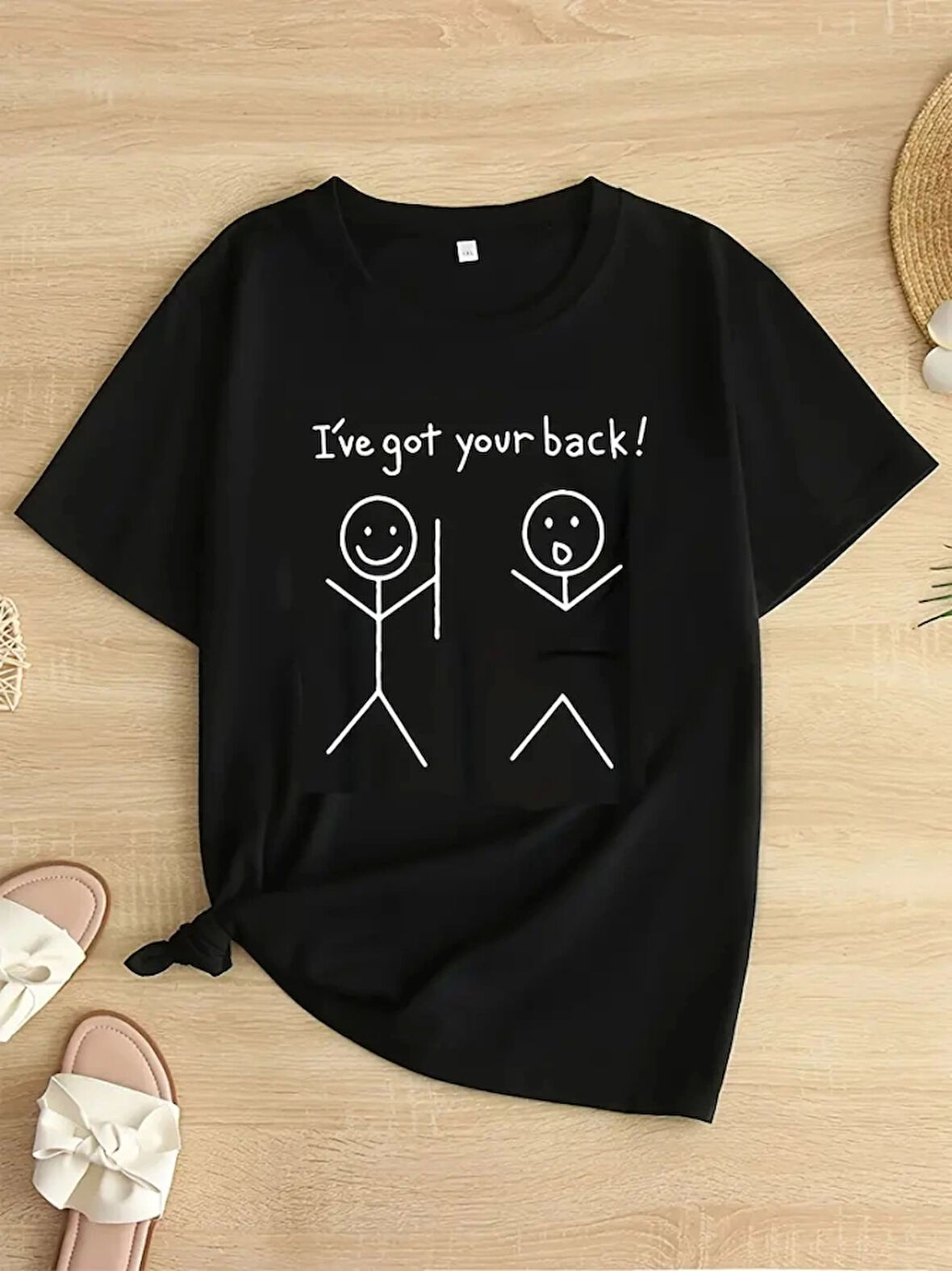 Ebedi Baskılı Oversize Bisiklet Yaka T-shirt - Siyah