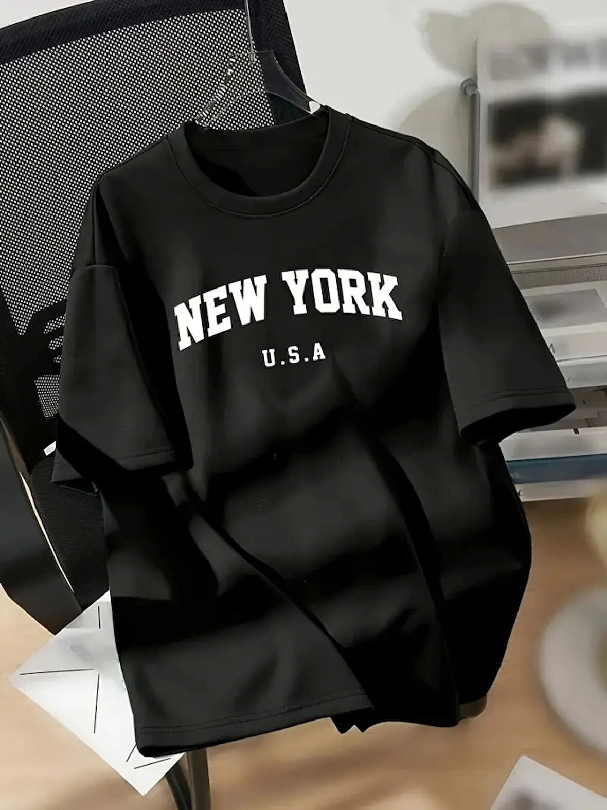 Ebedi New York Baskılı Oversize Bisiklet Yaka T-shirt - Siyah