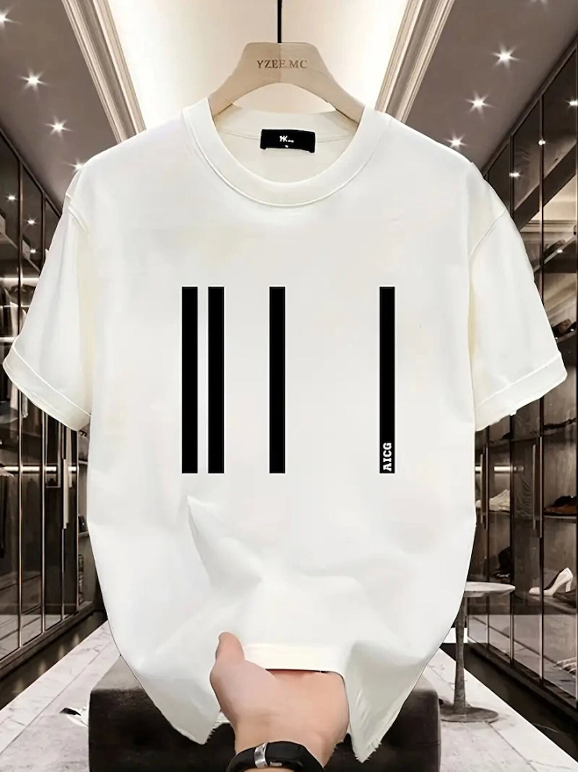 Ebedi Baskılı Oversize Bisiklet Yaka T-shirt - Beyaz