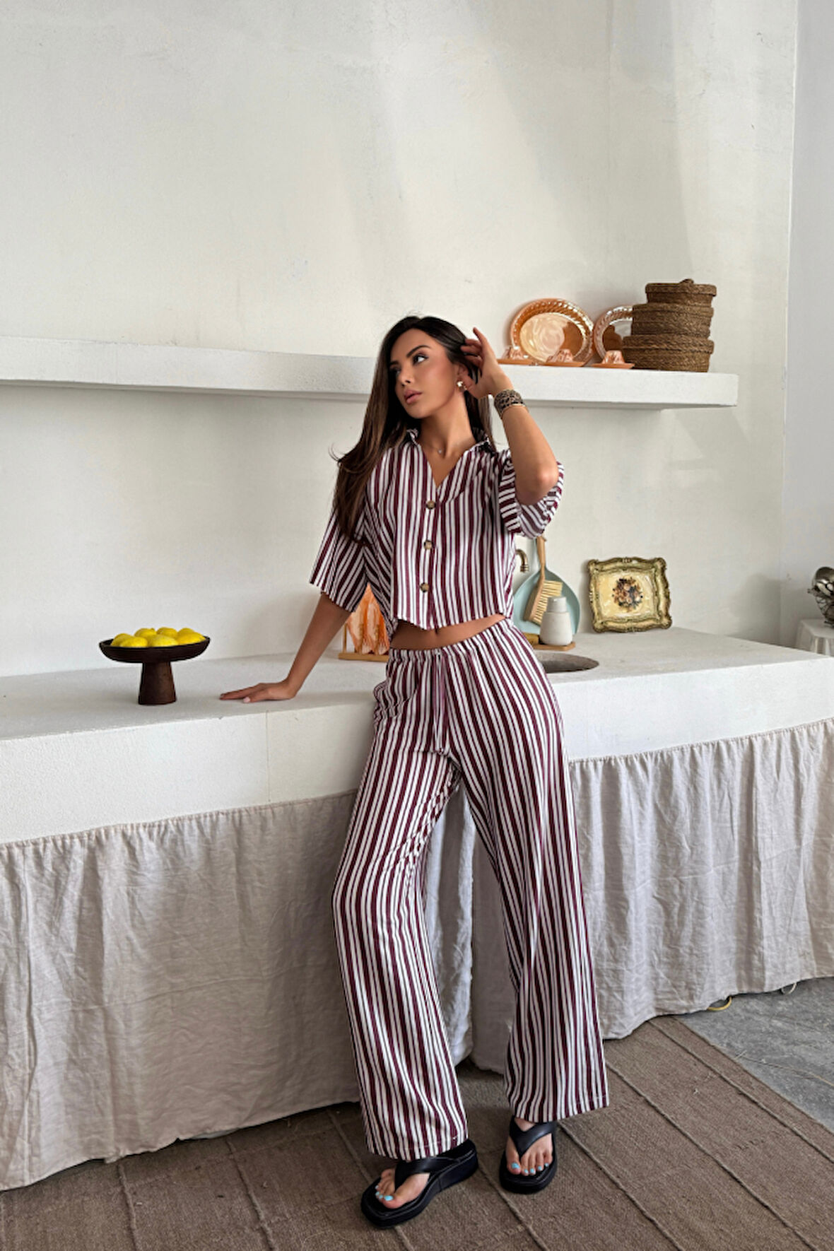 Ebedi ÇİZGİLİ CROP GÖMLEK - SALAŞ PANTOLON TAKIM MODAL - Bordo