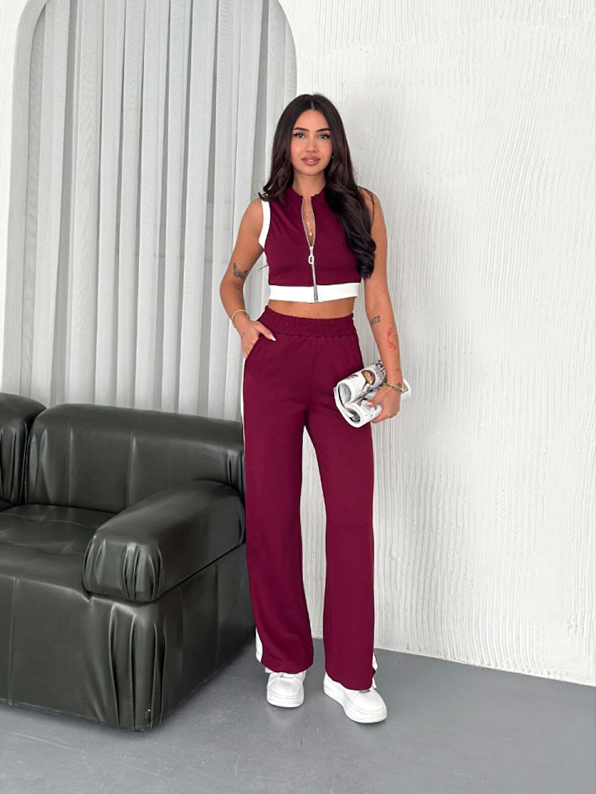 Ebedi Osy Modal Yumuşak Dokulu Kumaş Tam Fermuarlı Crop Pantalon İkili Takım - Bordo