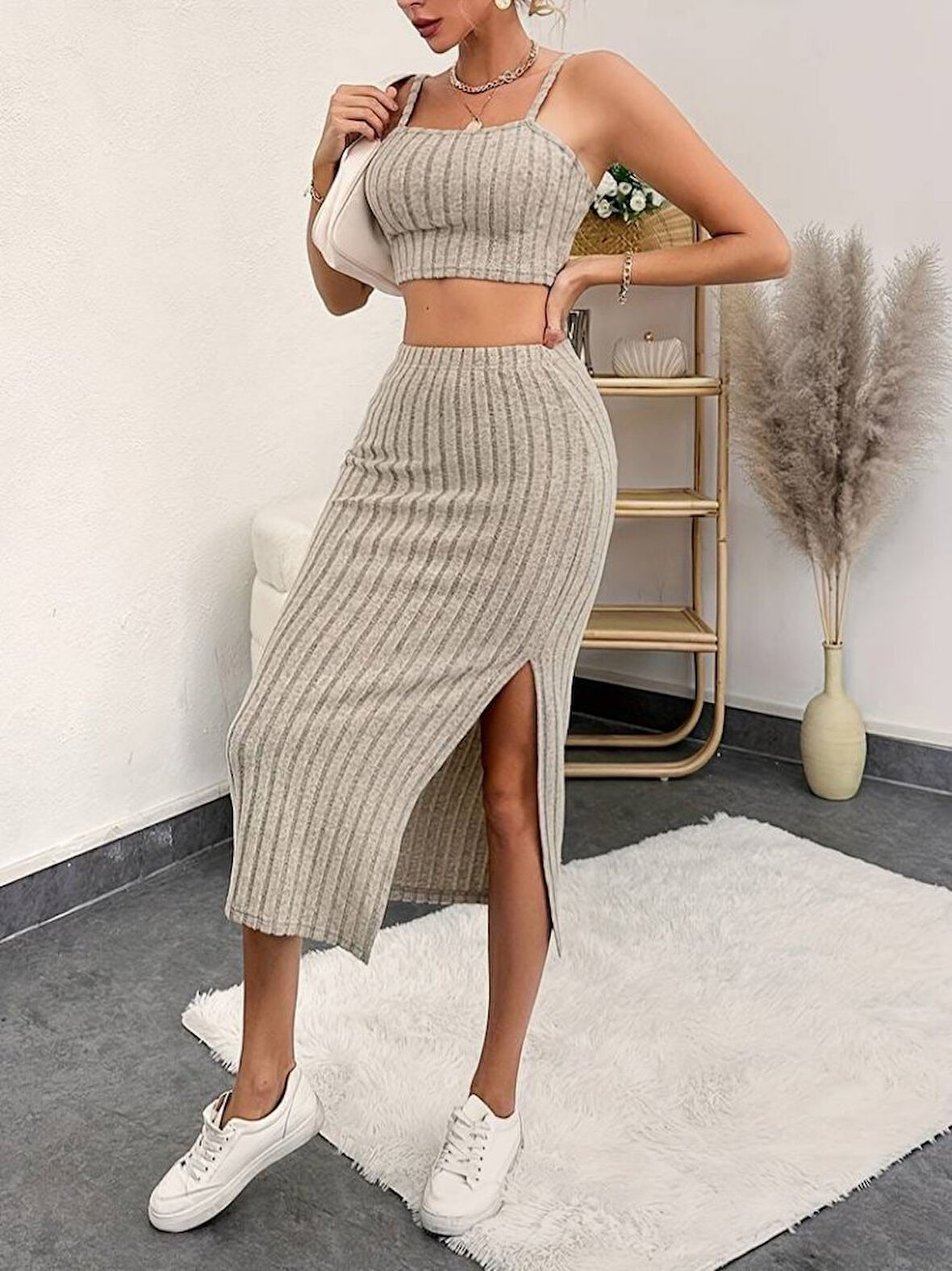 Ebedi Kadın Kolsuz Askılı Crop Yırtmaçlı Midi Etek Fitilli Kaşkorse Takım