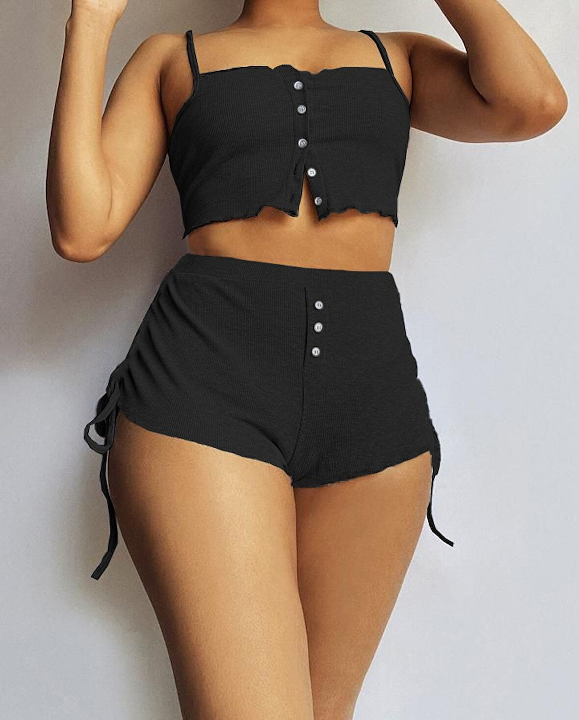 Ebedi Kadın Ip Askılı Crop Bluz Ve Yanlardan Büzgülü Ikili Kaşkorse Short Takım