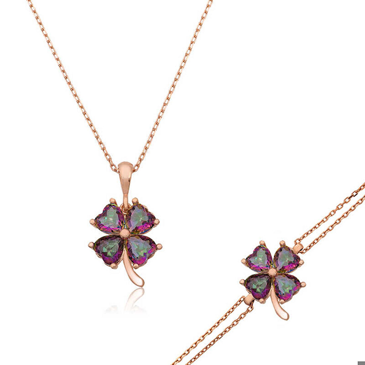 Ebuz Gümüş Mistik Topaz Yonca Kadın Set