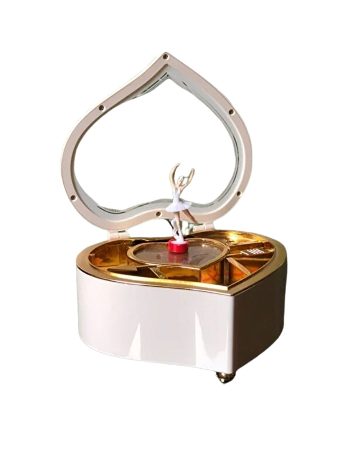 Kalp Şekilli Dönen Balerin Figürlü Müzik Kutusu – Aynalı Dekoratif Hediyelik Müzik Kutusu (Romantik Tasarım)