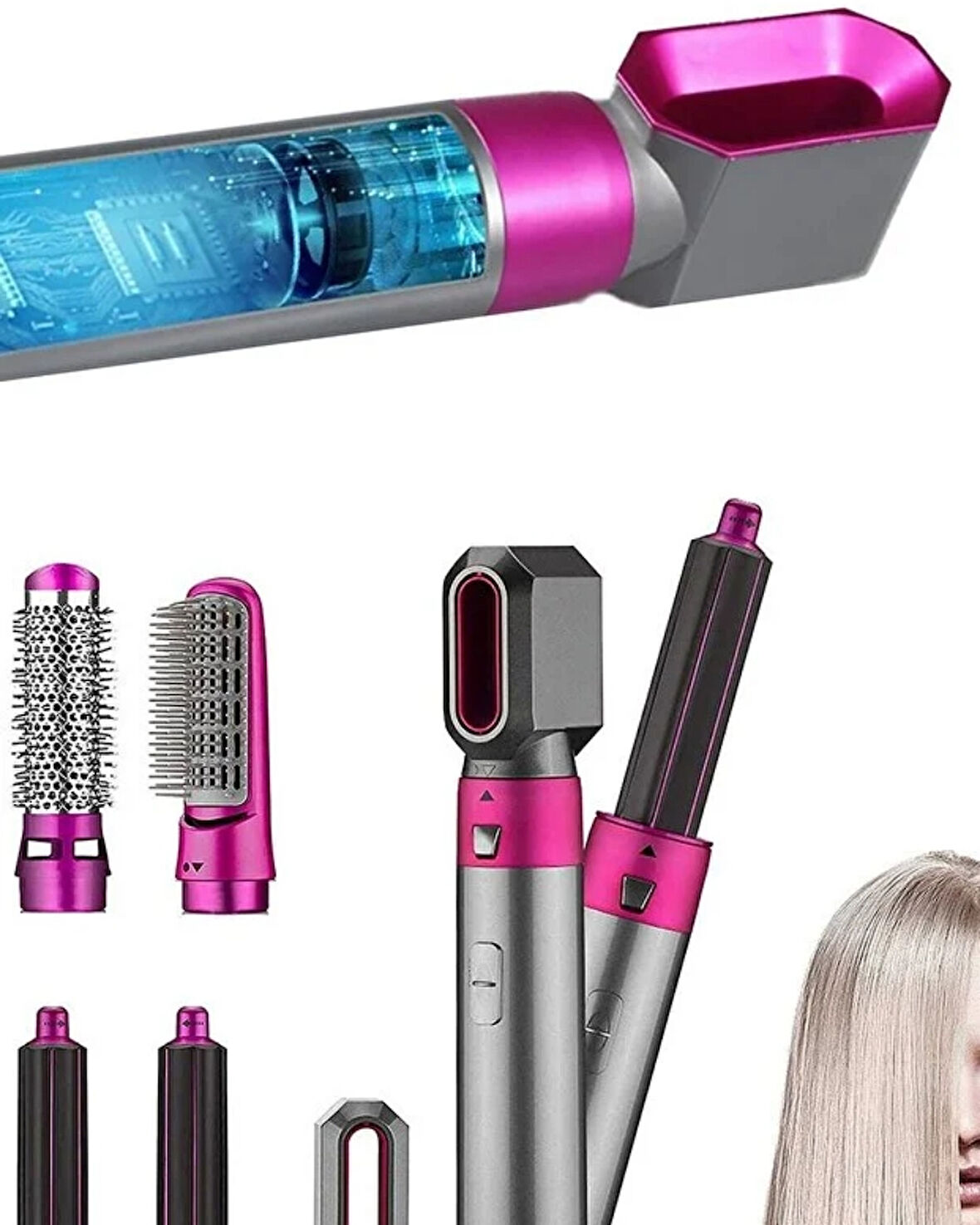 5’i 1 Arada Saç Şekillendirici Fön Makinesi – 5 Başlıklı Hot Air Styler, Saç Kurutma ve Bukle Yapma Seti
