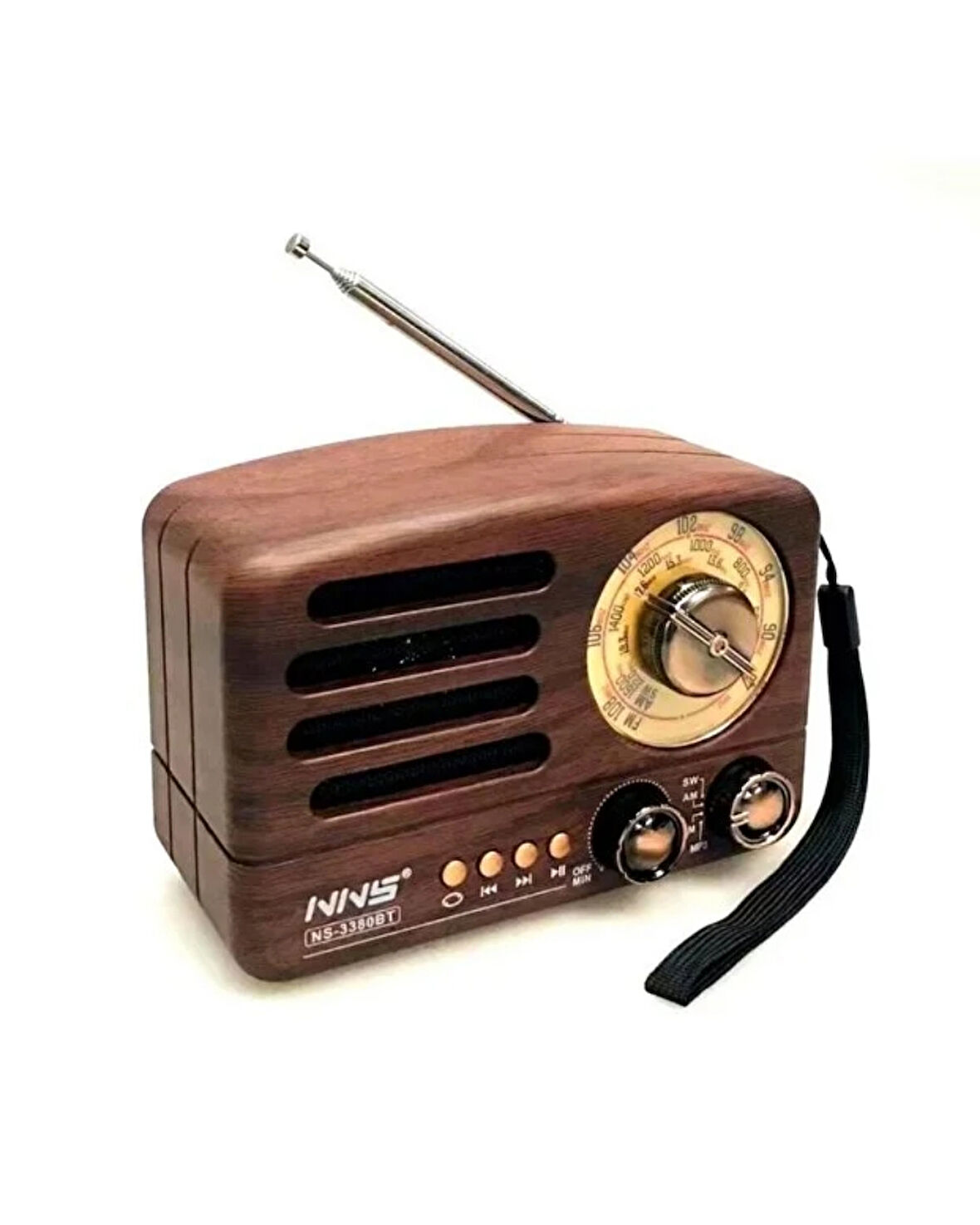 Retro Şarjlı Radyo NS-3380BT – FM/AM/SW Çoklu Frekans – Bluetooth USB/TF Kart MP3 Çalar – Ahşap Görünümlü Taşınabilir Radyo