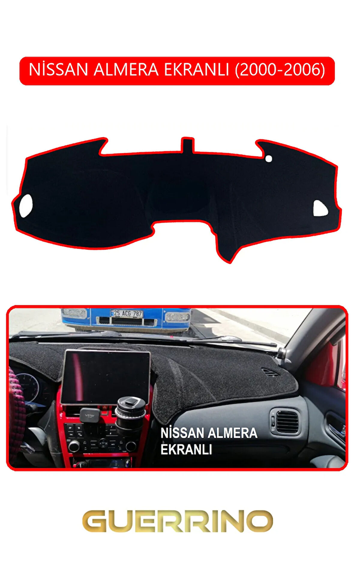 NİSSAN ALMERA EKRANLI 2000-2006TORPİDO KORUMA HALISI KIRMIZI KENAR