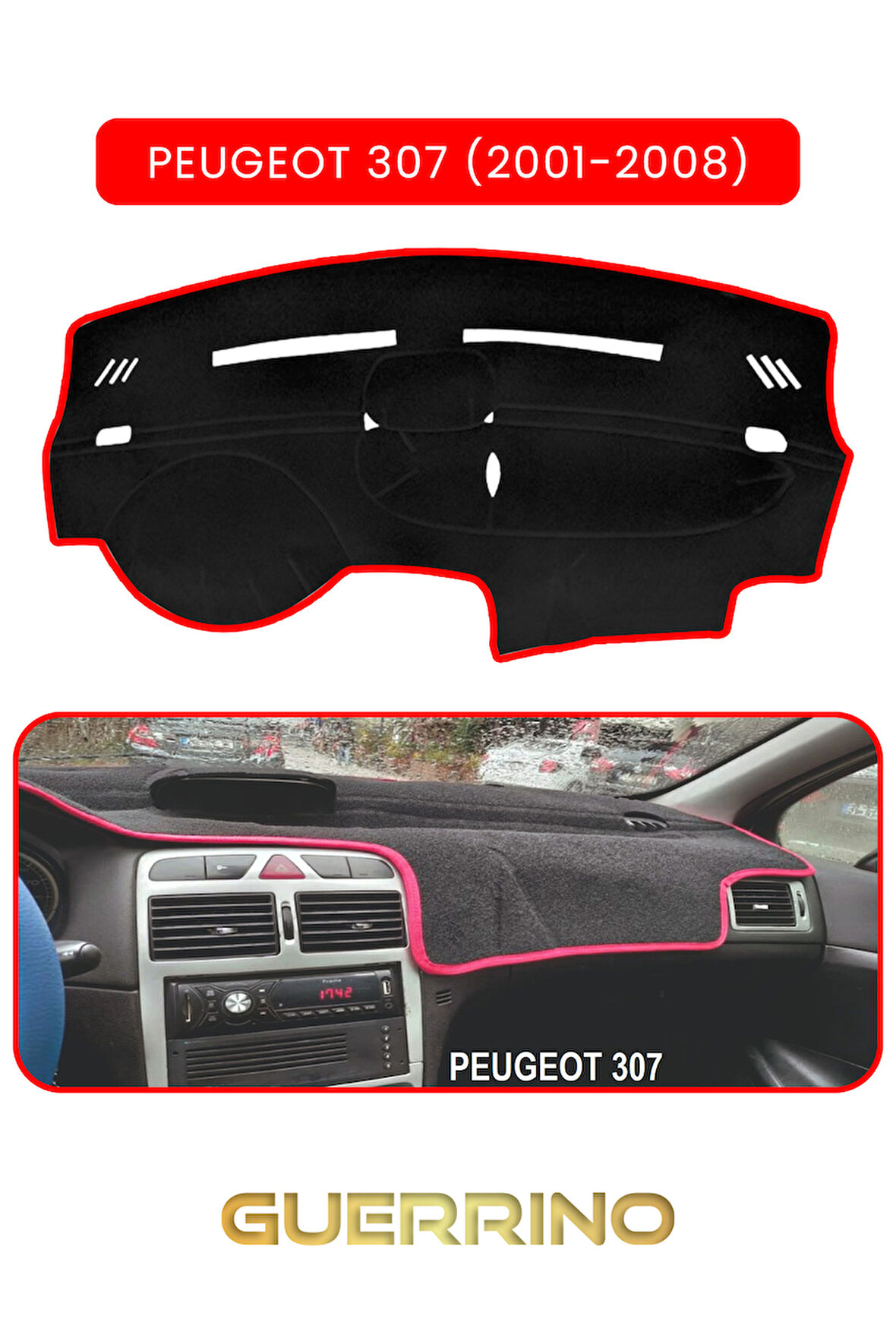 PEUGEOT 307 (2001-2008)TORPİDO KORUMA HALISI KIRMIZI KENAR