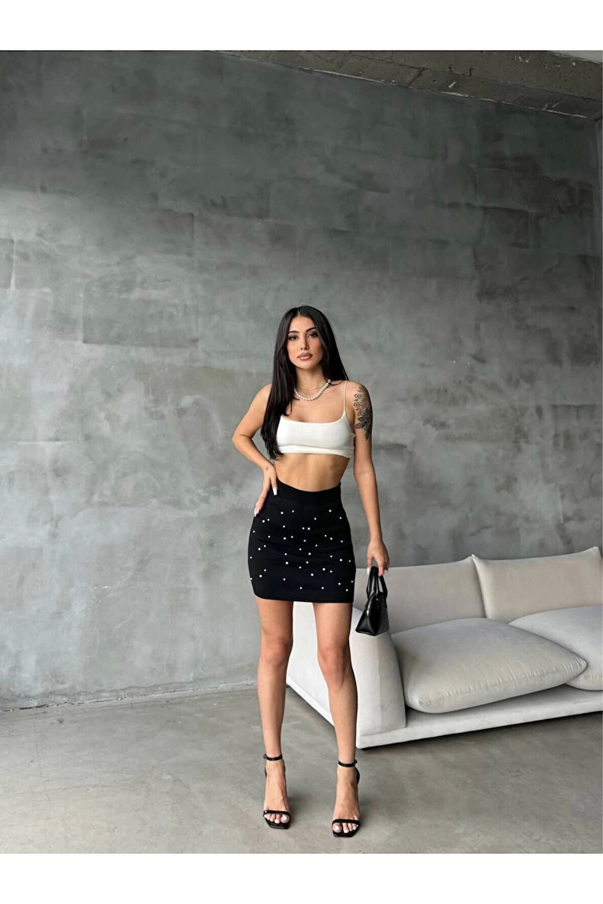 İncili Mini Triko Etek