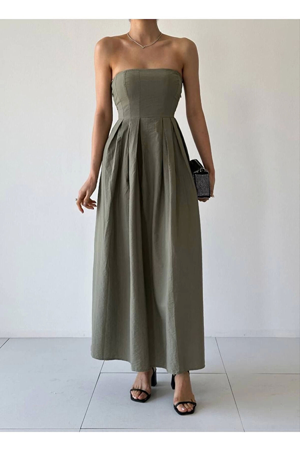 Straplez Midi Elbise %100 Pamuk
