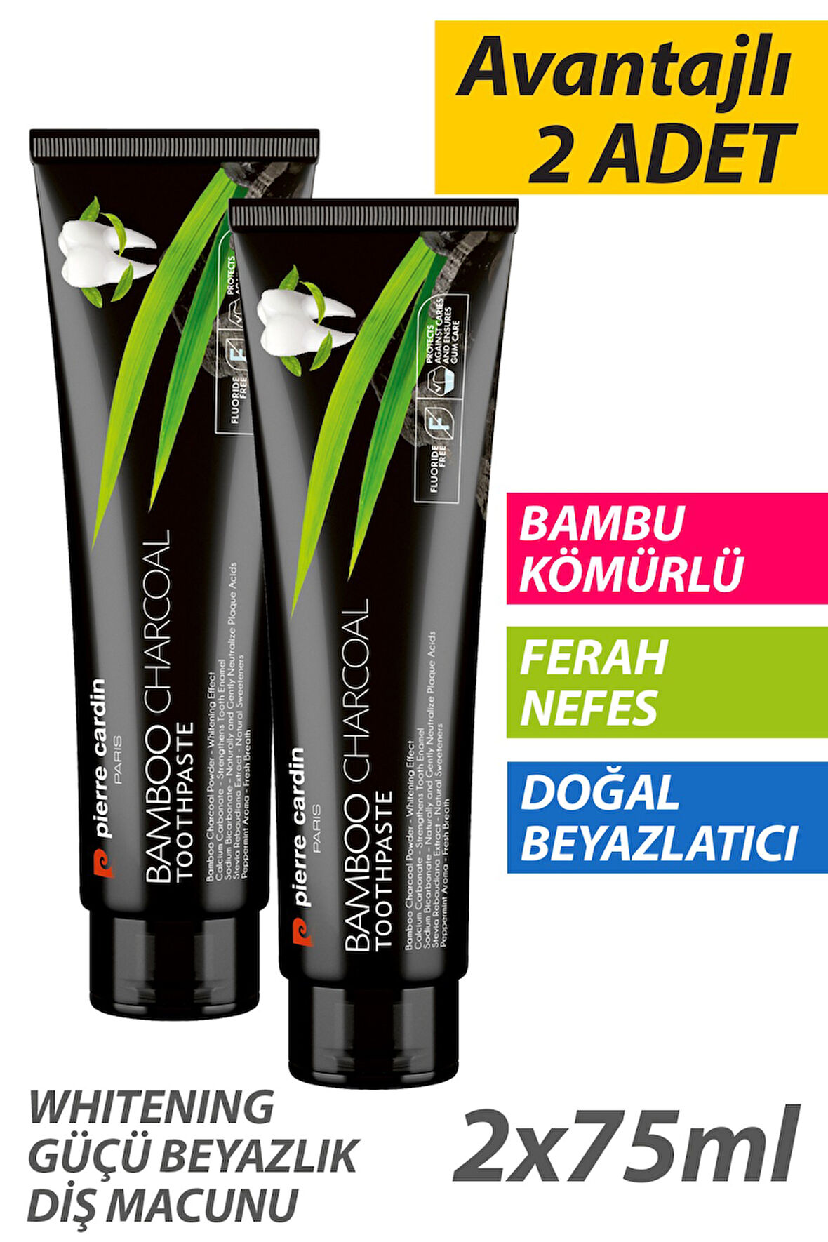 Pierre Cardin Bambu Kömürlü Diş Macunu – Doğal Beyazlatıcı & Ferah Nefes – 75 ml- Natural Whitening Toothpaste – Bamboo Charcoal Power 2'li Set