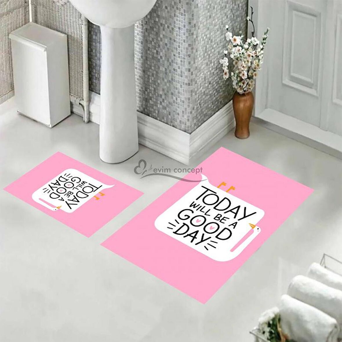 Yazılı Banyo Paspası, Pembe Renk Paspas, Kaymaz Taban Banyo Paspası, Klozet Takımı, Yıkanabilir Klozet Takımı, Dekoratif Banyo Paspası,