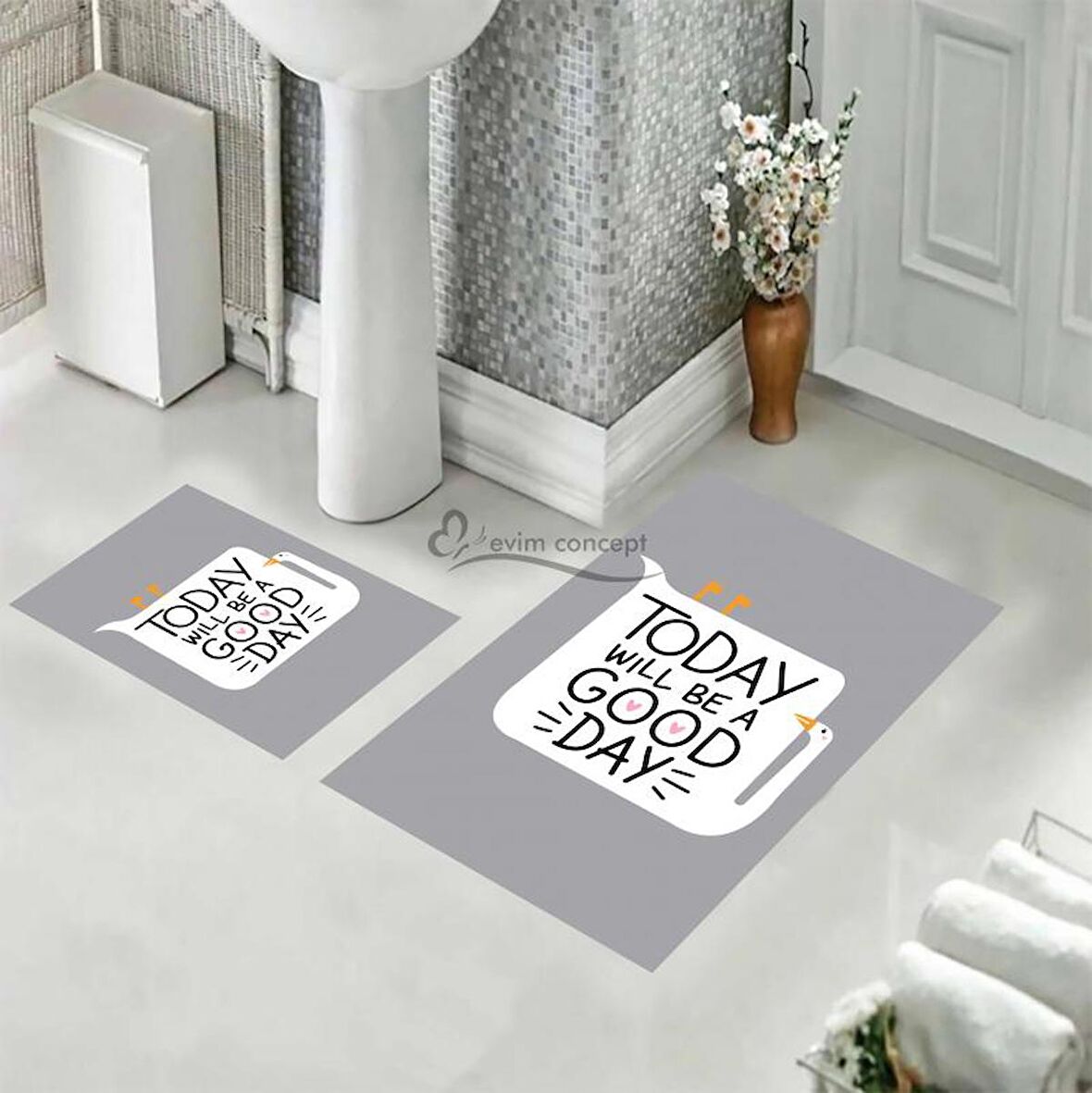 Yazılı Banyo Paspası, Gri Renk Paspas, Kaymaz Taban Banyo Paspası, Klozet Takımı, Yıkanabilir Klozet Takımı, Dekoratif Banyo Paspası,