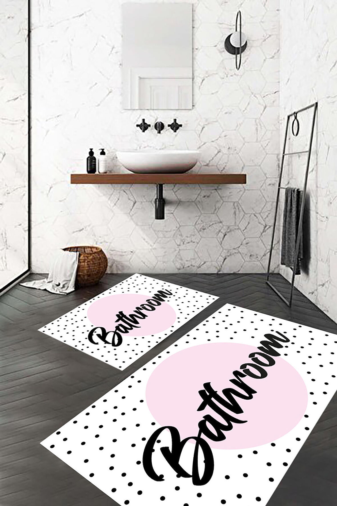 Pembe Beyaz Banyo Paspası, Bathroom Yazılı Paspas, Kaymaz Taban Banyo Paspası, Yazılı Klozet Takımı, Klozet Takımı, Yıkanabilir Klozet Takımı, Dekoratif Banyo Paspası