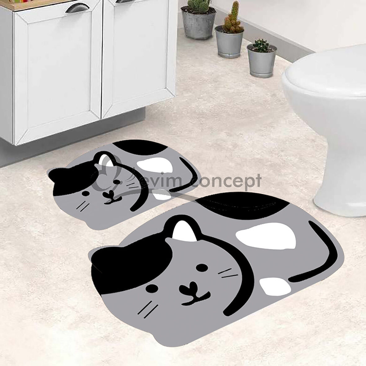 Gri Renk Kedi Desen Banyo Paspası, Sevimli Kedi Paspas, Kaymaz Taban Banyo Paspası, Klozet Takımı, Yıkanabilir Klozet Takımı, Dekoratif Banyo Paspası,