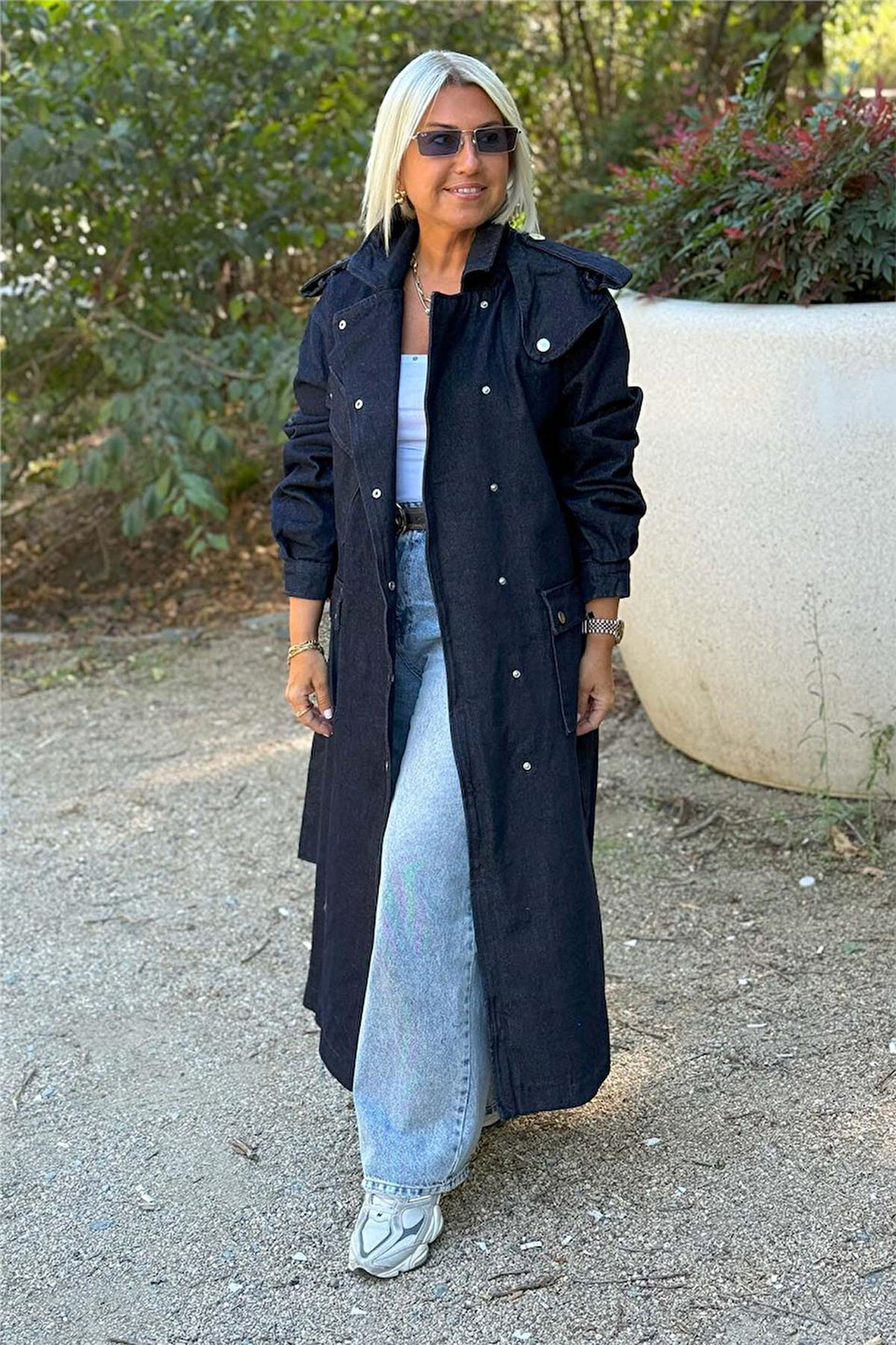 Lacivert Denim Çıtçıtlı Cepli Uzun Trençkot