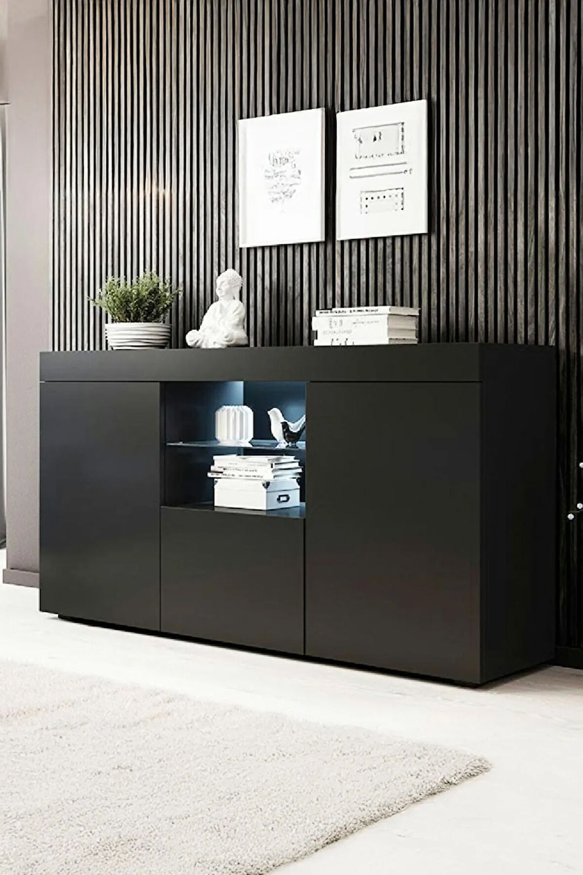 Konsol Led Aydınlatmalı Şık Büfe Katlanabilir Cam Raflı Modern Ve Zarif Konsol Siyah Mat Elegant