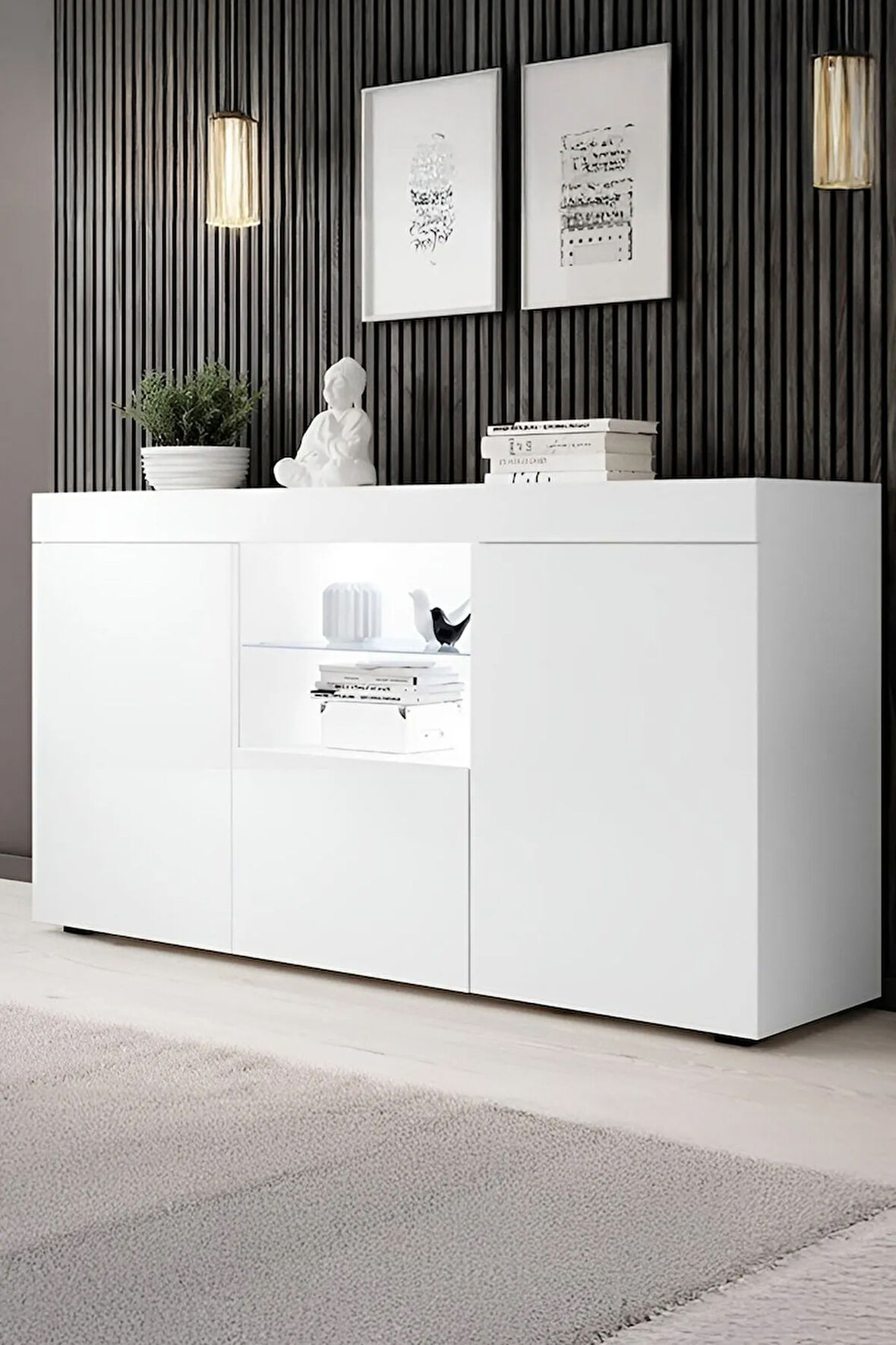 Konsol Led Aydınlatmalı Şık Büfe Katlanabilir Cam Raflı Modern Ve Zarif Konsol Beyaz Mat Elegant