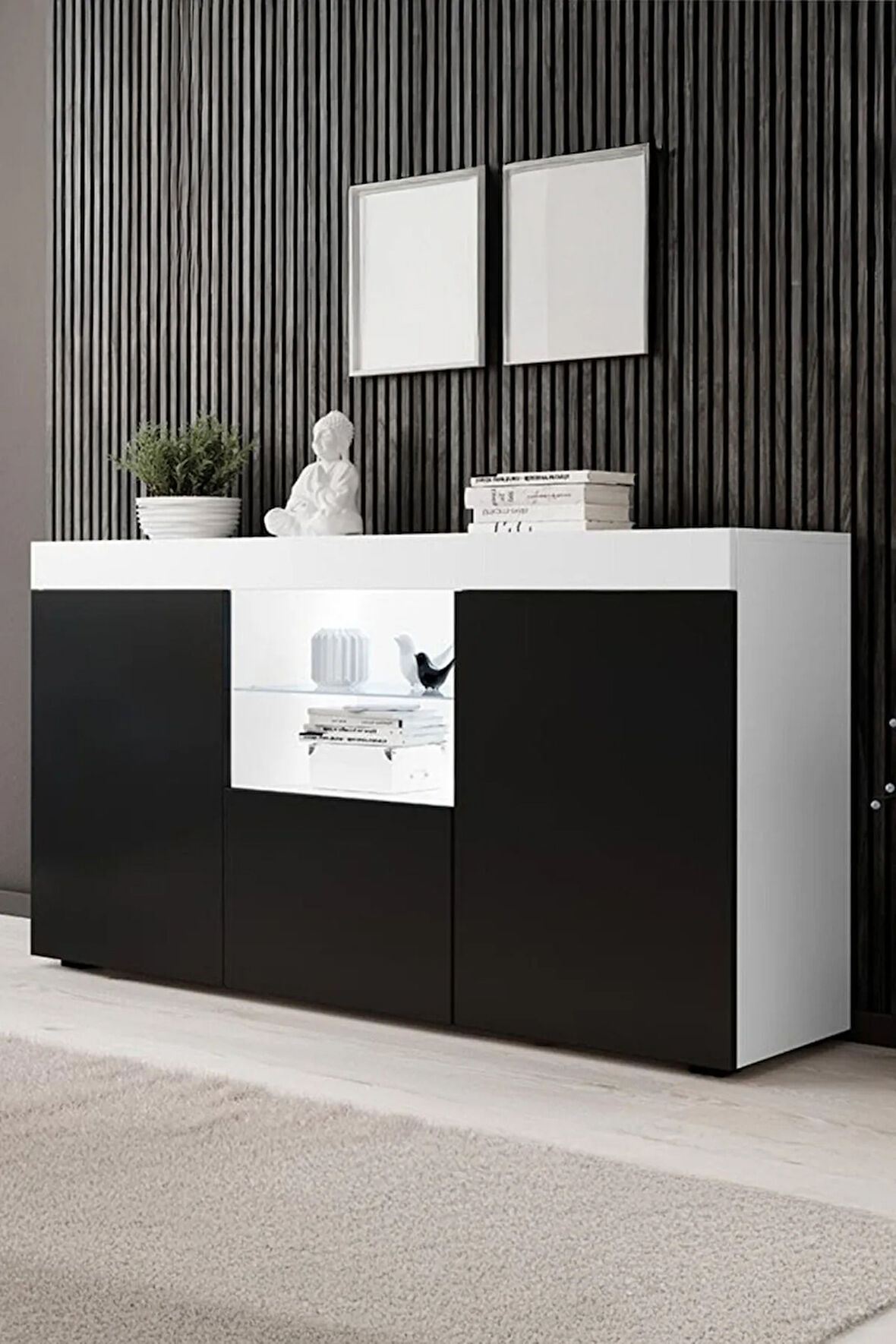 Konsol Led Aydınlatmalı Şık Büfe Cam Raflı Modern Ve Zarif Konsol Beyaz Siyah Elegant