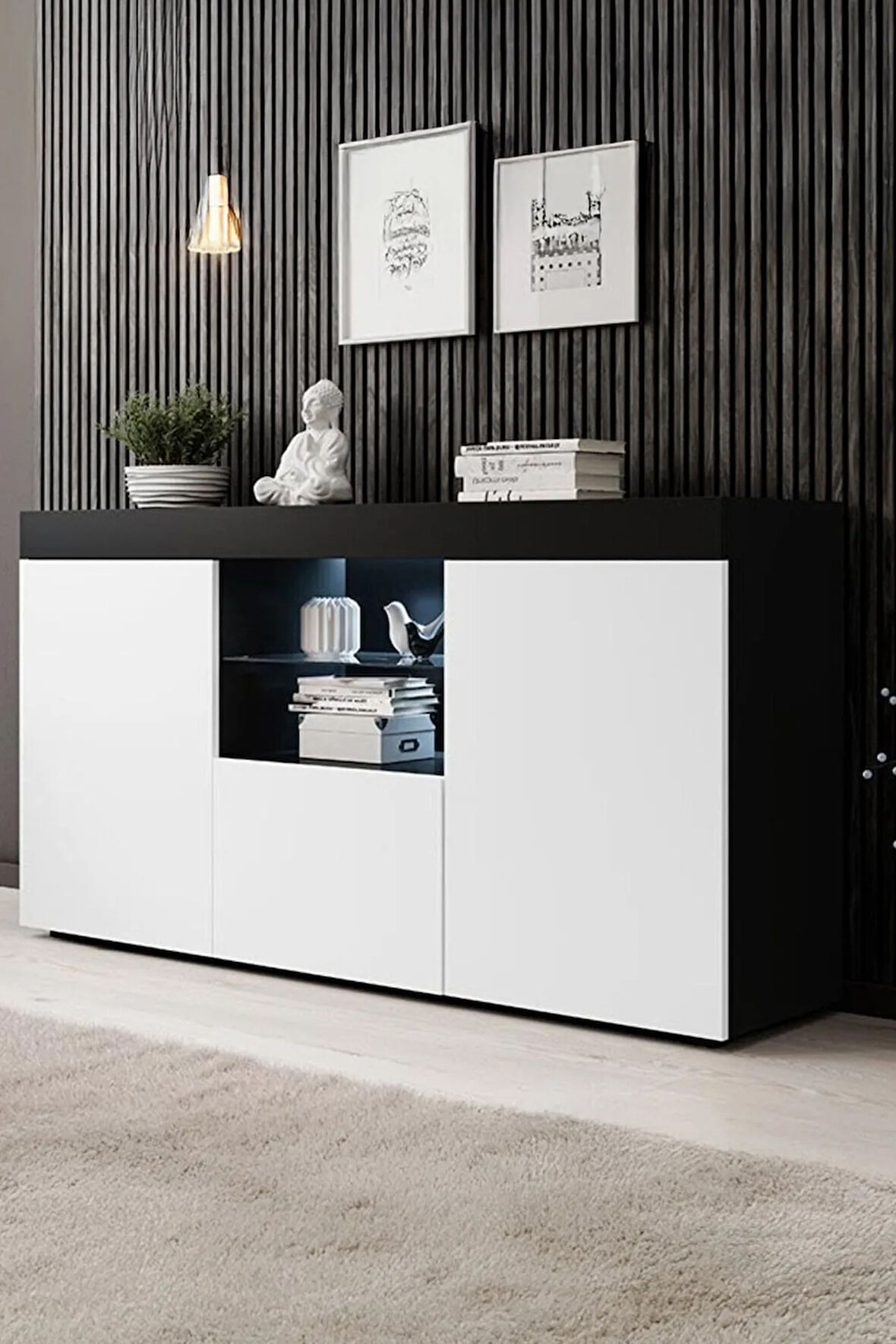 Konsol Led Aydınlatmalı Şık Büfe Cam Raflı Modern Ve Zarif Konsol Siyah Beyaz Elegant