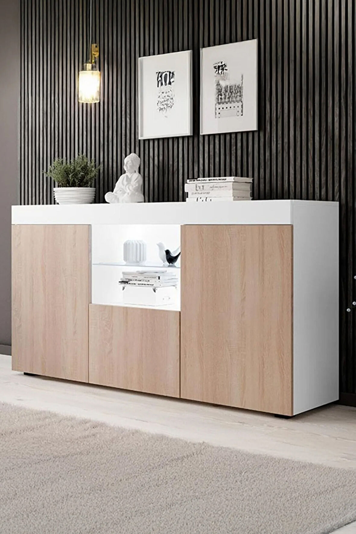 Konsol Led Aydınlatmalı Şık Büfe Cam Raflı Modern Ve Zarif Konsol Beyaz Sonoma Elegant