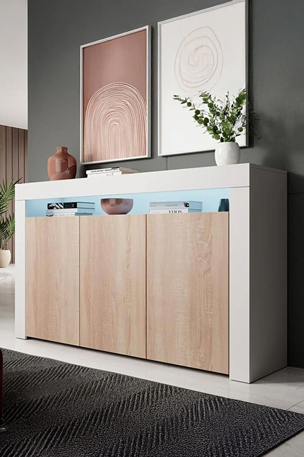Konsol Led Aydınlatmalı Şık Büfe Modern Ve Zarif Konsol Beyaz Mat Büfe
