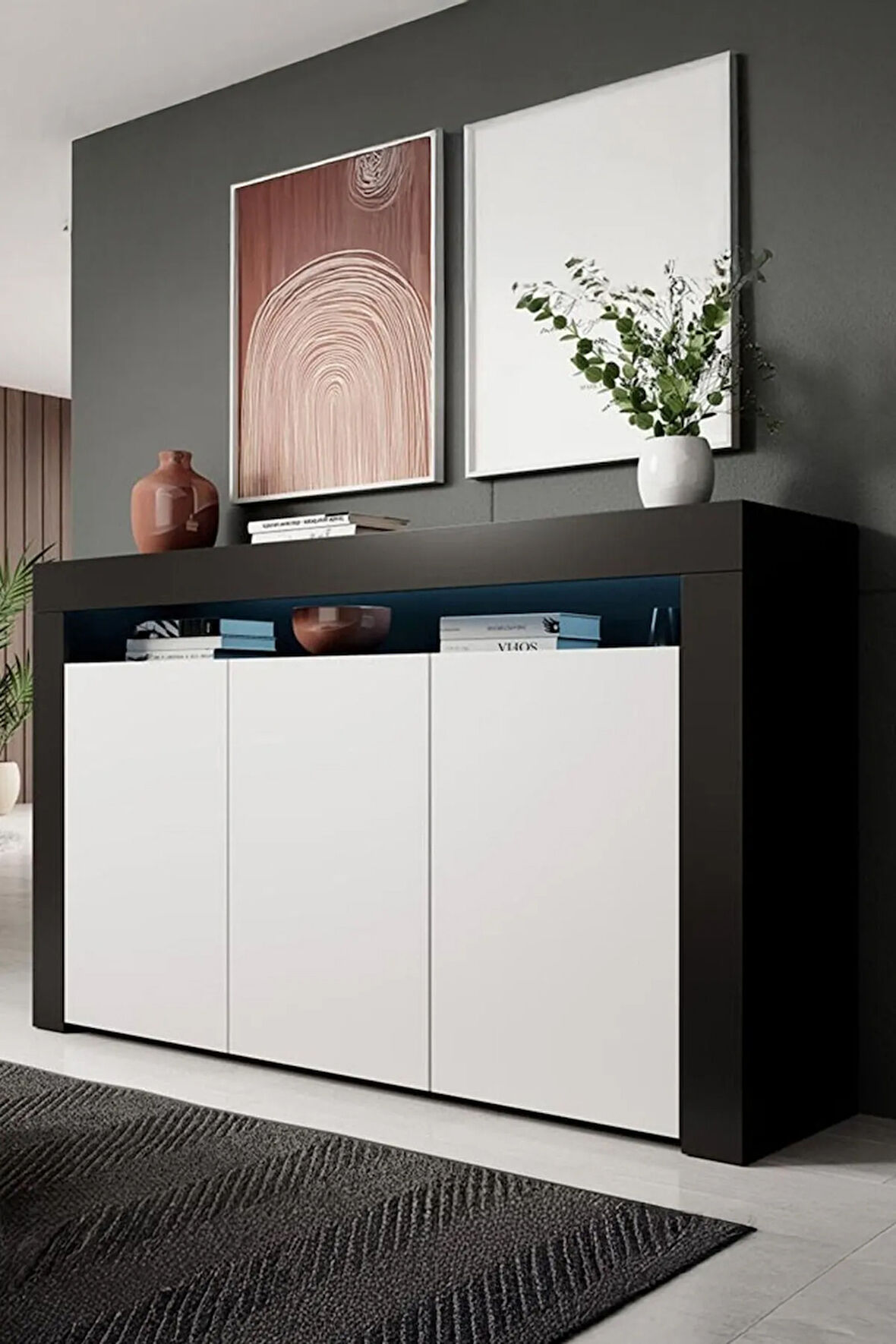 Konsol Led Aydınlatmalı Şık Büfe Modern Ve Zarif Konsol Siyah Beyaz Mat Büfe