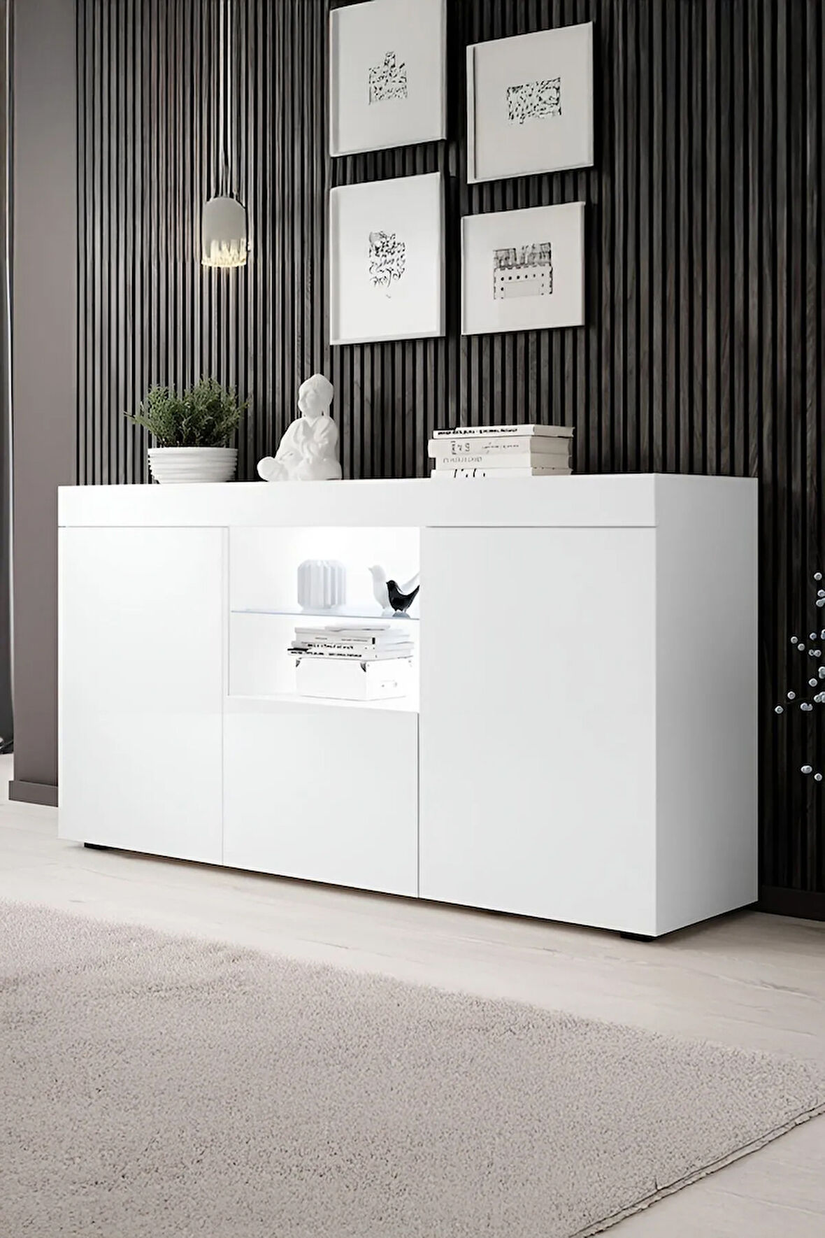 Konsol Led Aydınlatmalı Şık Büfe Katlanabilir Cam Raflı Modern Ve Zarif Konsol Siyah Mat Elegant