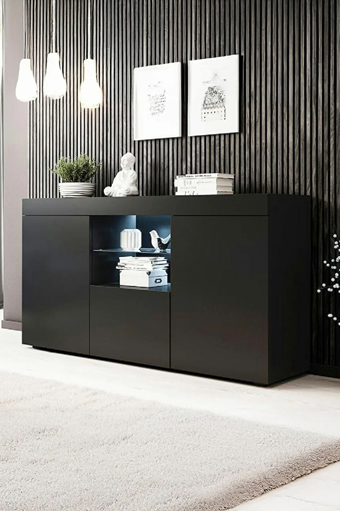 Konsol Led Aydınlatmalı Şık Büfe Katlanabilir Cam Raflı Modern Ve Zarif Konsol Siyah Mat Elegant