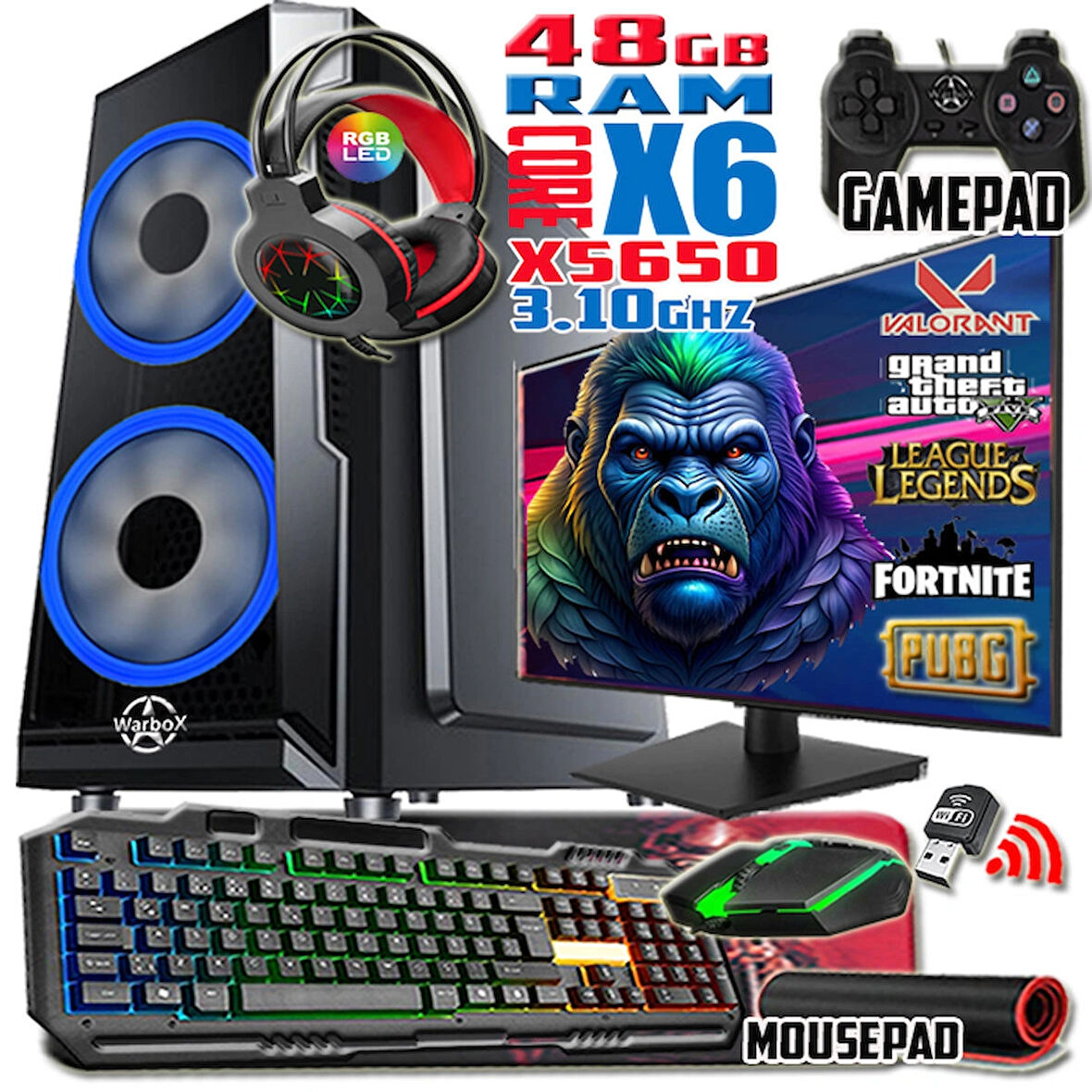 WarboX Gorilla Xeon X5650 48gb Ram 256gb Ssd 250gb Hdd R7 240-4gb E.kartı 22" Monitör Gaming Bilgisayar
