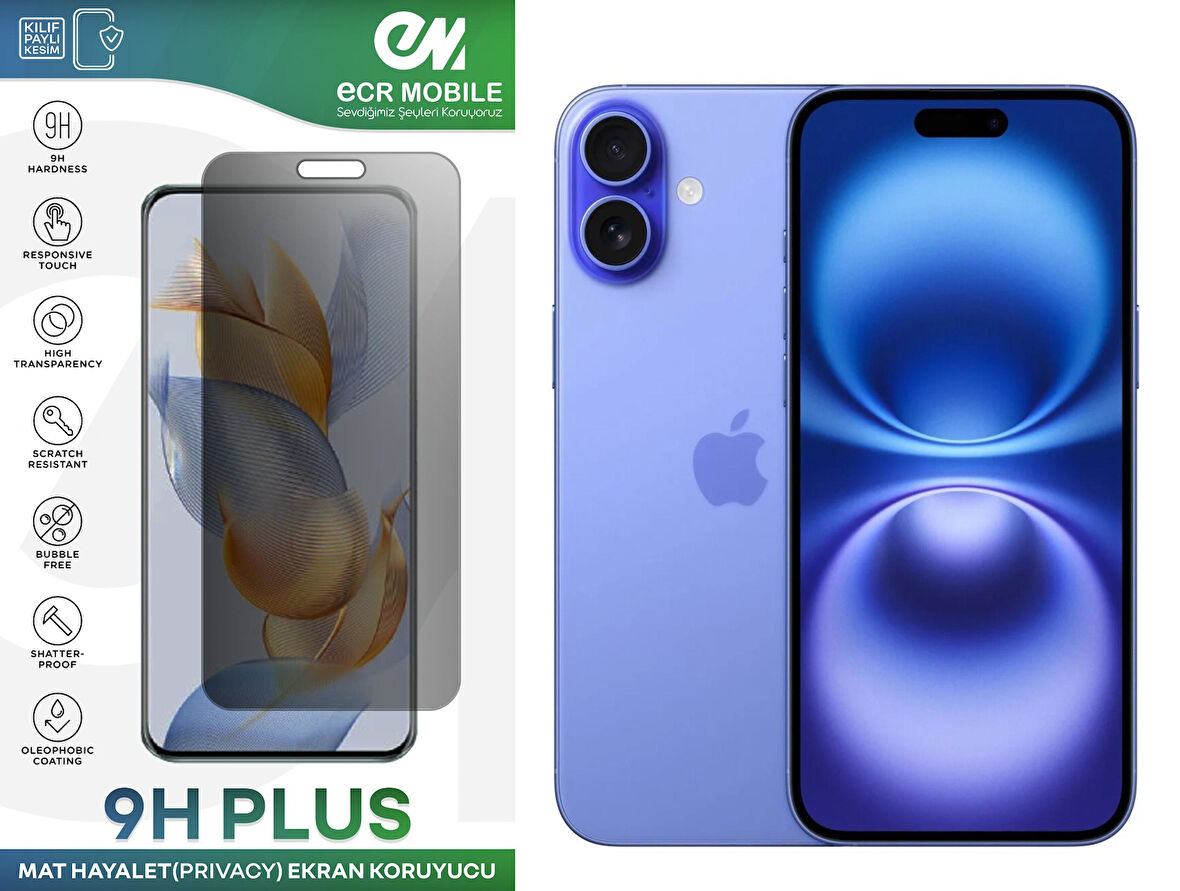 Iphone 16 Plus Ekran Koruyucu Tam Uyumlu 9H Esnek Nano Kırılmayan MAT HAYALET(Privacy)