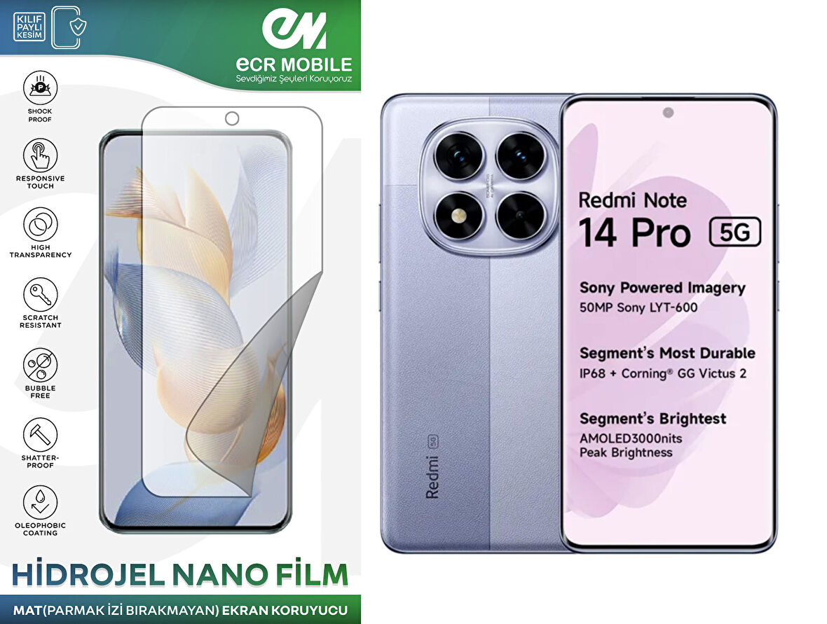 Redmi Note 14 Pro ile Uyumlu Hidrojel Ekran Koruyucu Film HD-ŞEFFAF(Tempered Cam Değildir!)