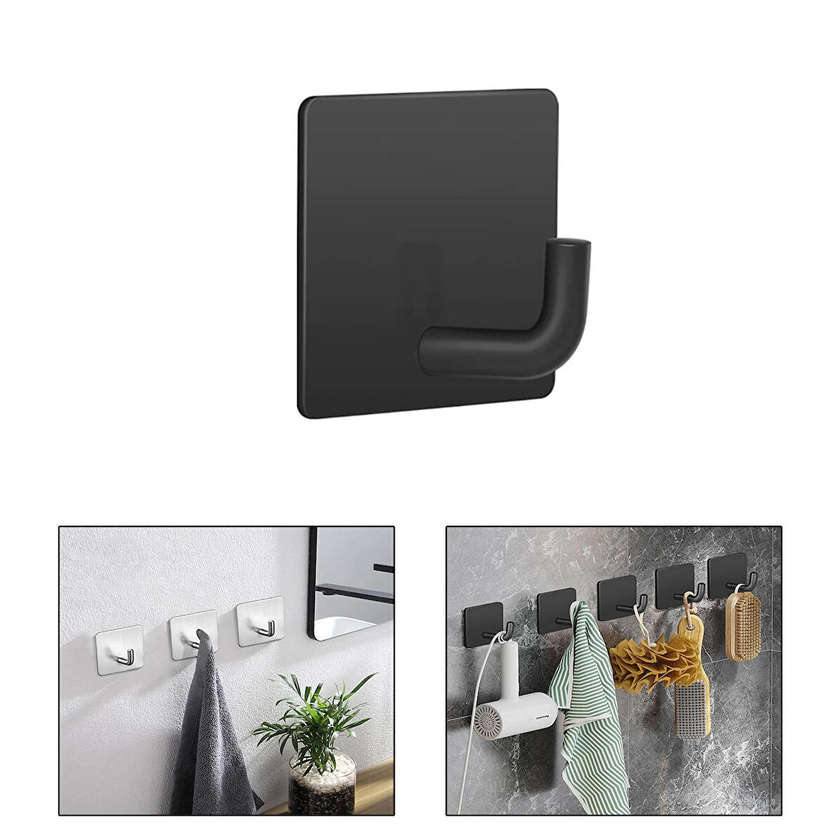 Microcase  Yapışkanlı  Paslanmaz Çelik Banyo Mutfak Eşya Havlu Vb Metal Askılık Kare Tasarım- SİYAH AL4936 1 Adet